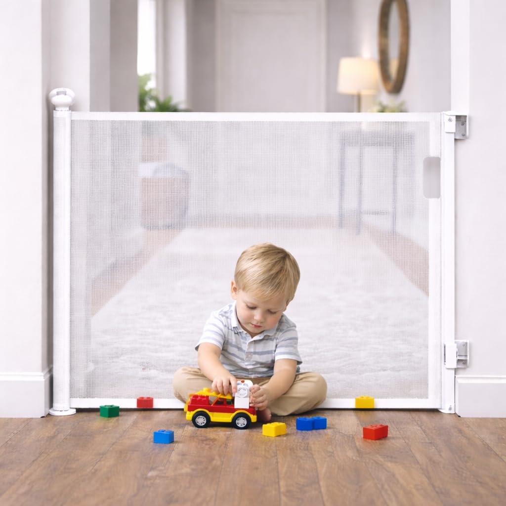 Toumoly Retractable Mesh Safety Gate, Pets Gate, Baby Gate, 33" Tall, Extends to 55" Wide, for Stairs, Doors, Hallways, Indoor/Outdoor (White, 71