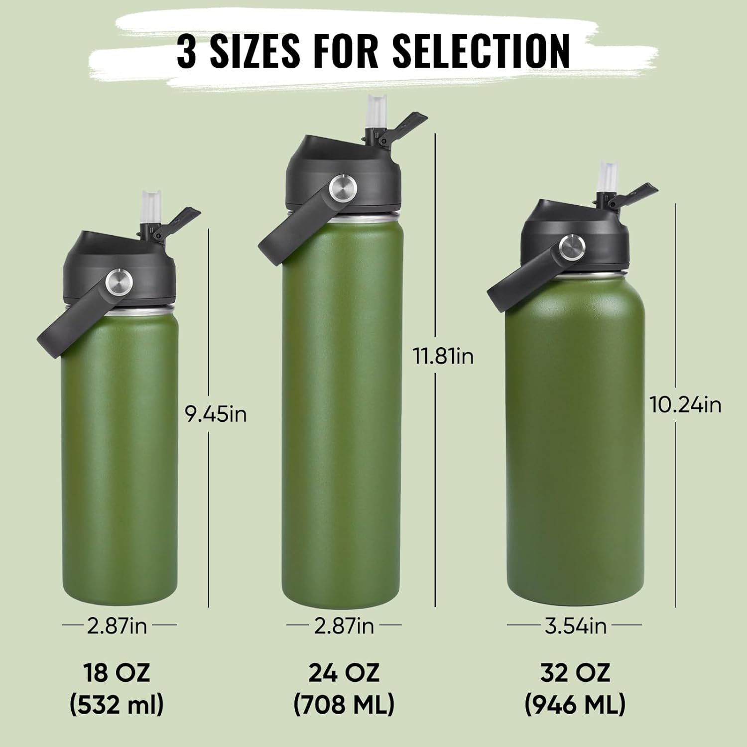 18oz Insulated Stainless Steel Water Bottle, Wide Mouth Double Wall Vacuum, Silicone Straw, Sweat & Leak Proof, BPA Free Insulated Water Flask for Travel, Keep Cold 24h Hot 12h, Green - Image 2