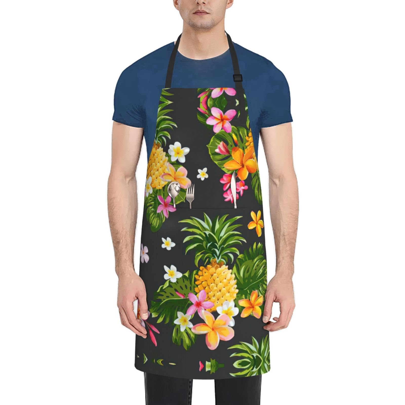 HTTUP Tropical Pineapple Hawaiian Print Laundry apron 28x33 In Waterproof Kitchen Apron with Pockets for Cooking Baking, Black, One Size, Black, One Size