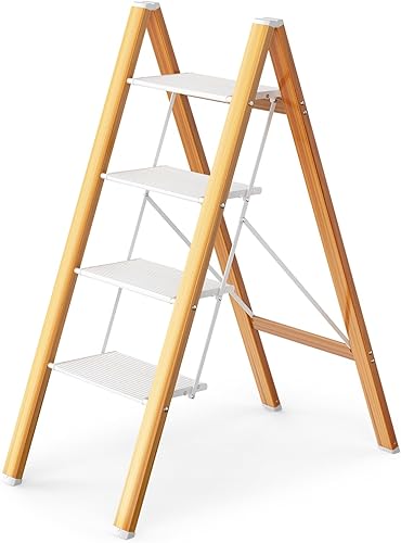 HBTower 4 Step Ladder, Aluminum Ladder with Handrails, Folding Step Stool for Adults, 330LBS Capacity Sturdy& Portable Ladder for Home Kitchen
