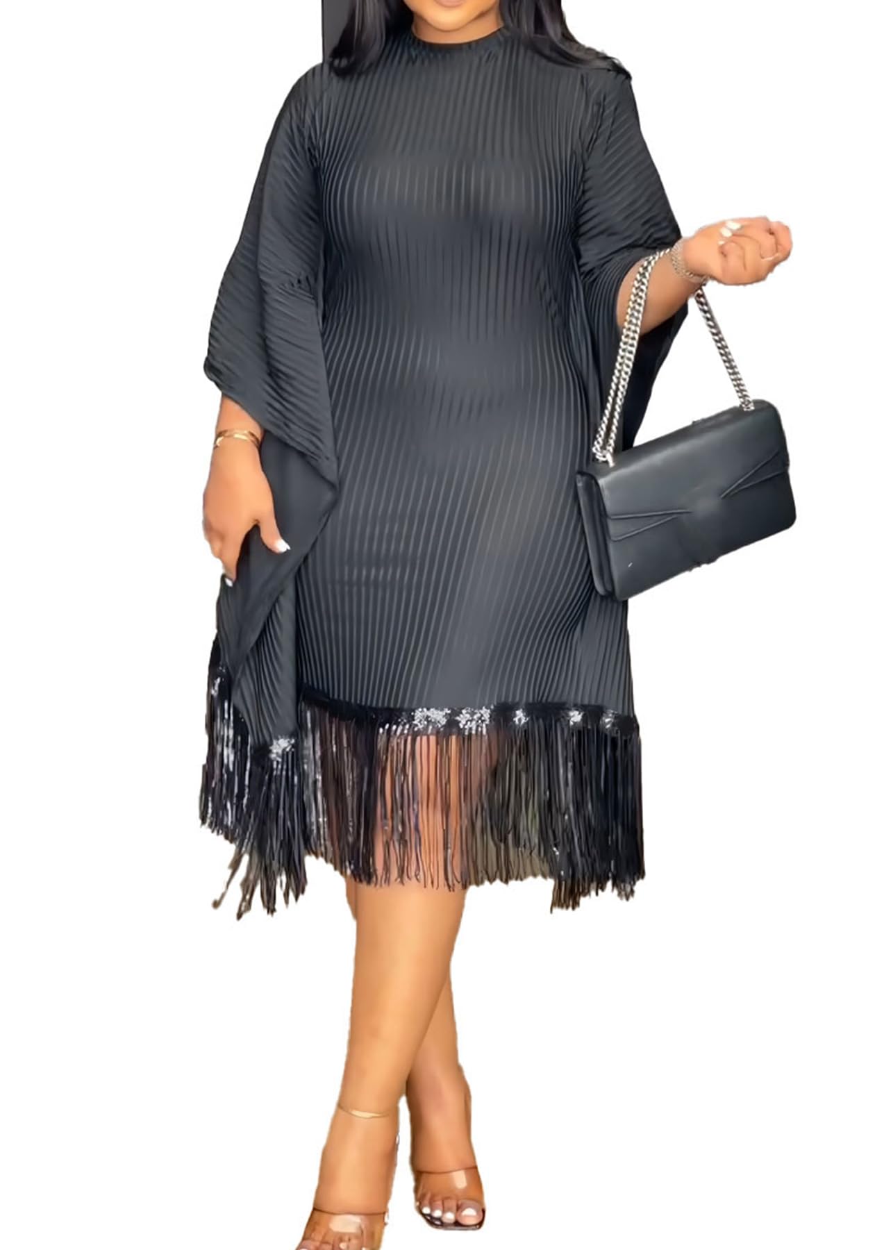 Tbahhir Elegant Women Sequin Long Sleeve Tassel Bodycon Ribbed Dress Party Cocktail Dresses Night Out