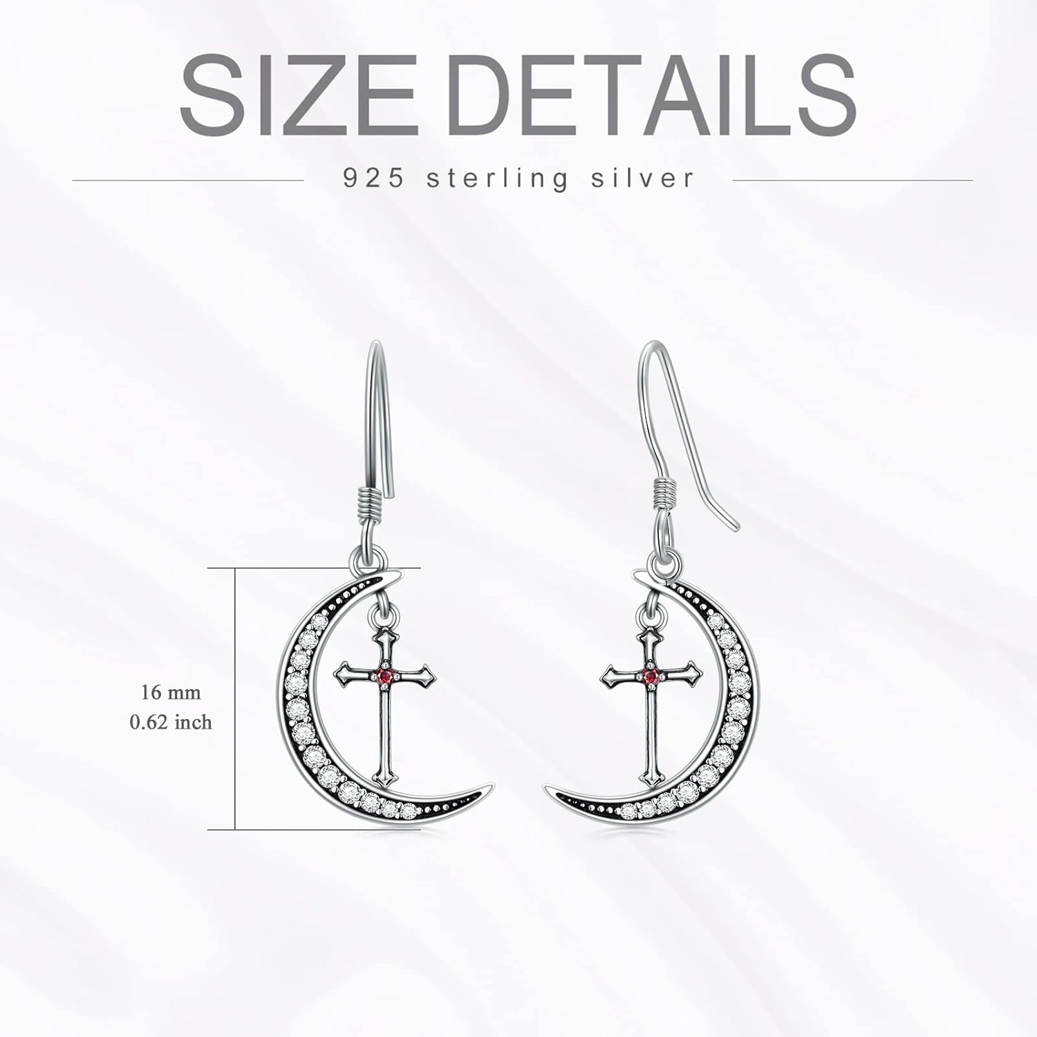 Cross Zirconia Earrings for Women 925 Sterling Silver Red Zirconia Vintage Gothic Cross Dangle Earring Crescent Moon Earring for Her Ladies Women - Image 5
