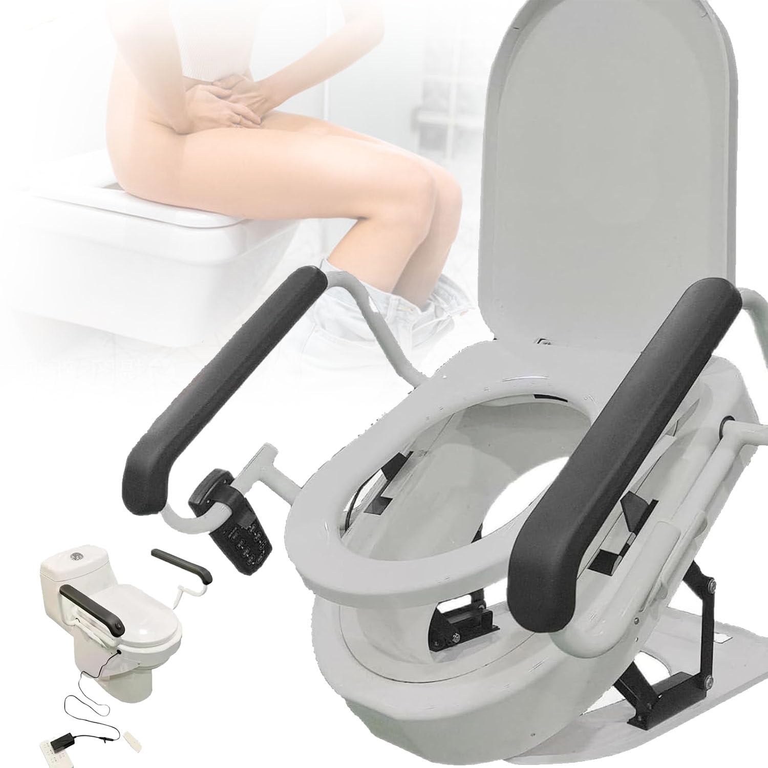 Elektryczne podwyższenie deski sedesowej do podnoszenia pacjenta, podzielone siedzisko 180° z podwójnymi podłokietnikami, funkcja podgrzewania, nośność 150 kg, duża stabilność