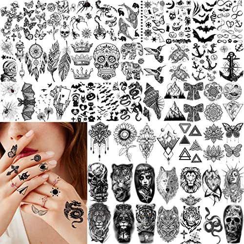Image of VANTATY 65 Sheets Black Realistic Flower Temporary Tattoos For Women Arm Thigh, 3D Fake Tattoos That Look Real And Last Long, Temp Rose Sketch Moon Snake Peony Floral Tattoo Stickers For Adults Girls