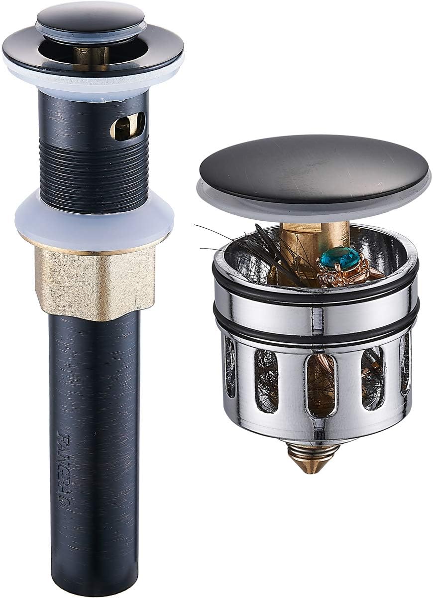 Oil Rubbed Bronze Pop UP Drain, Bathroom Vessel Lavatory Vanity Faucet Sink Drain Stopper, Fits American Drain Hole(1-1/2" to 1-3/4"),Built-In Anti-Clogging Strainer, with Overflow R085K-ORB…