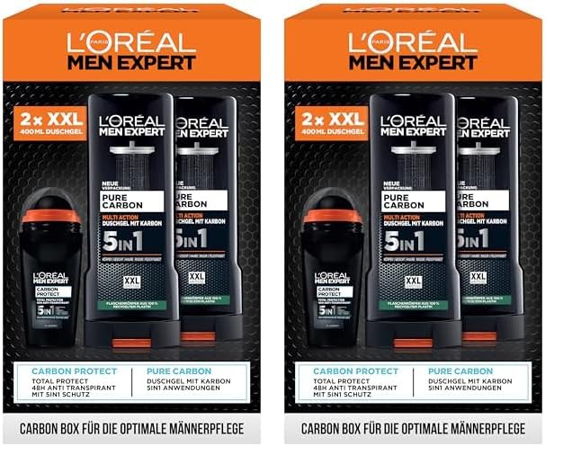 L'Oréal Men Expert Geschenkset für Männer mit 5-in-1 Deodorant und XXL 5in1 Duschgel für Haar, Körper und Gesicht, Vorteilspack mit Carbon Protect Deoroller und Pure Carbon Bodywash, 3-teilig