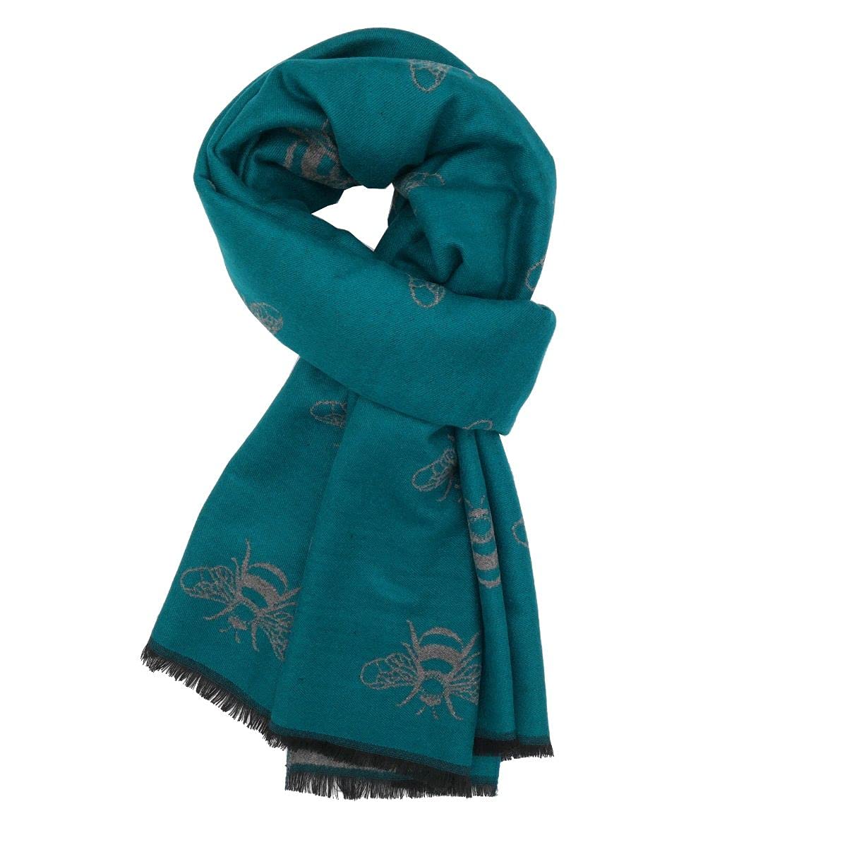 Lilyrosa Women's Teal Grey Lilyrosa® Bee Winter Scarf Reversible Cosy Warm Blanket Shawl Scarfs Bees Large Grey Pink Blue Mustard Orange (Teal Grey)