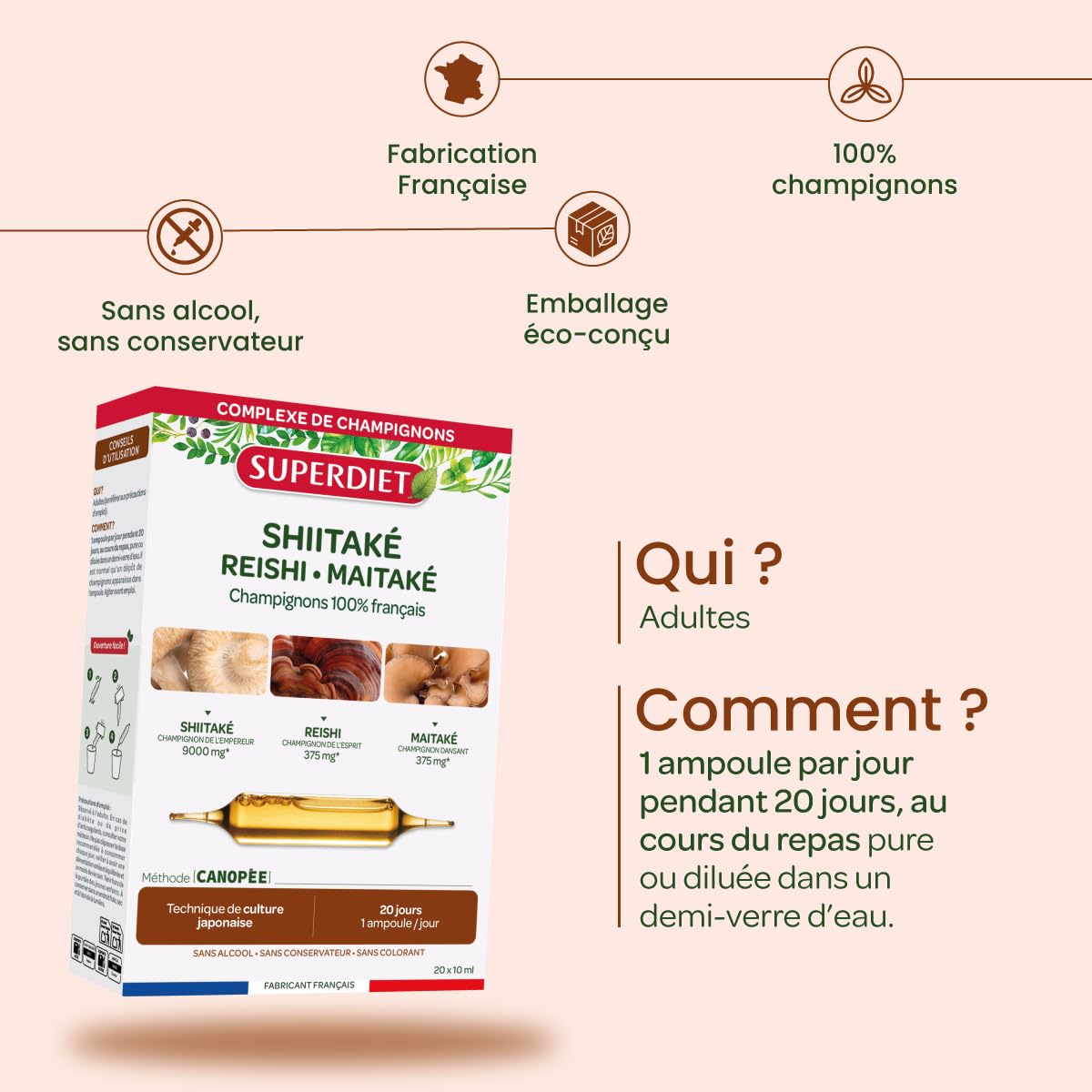 Shiitaké Reishi Maitaké - Champignons 100% français - Immunité - Ampoules | Cure 20 ampoules 10ml-Shiitaké 9000mg, Reishi 375mg, Maitaké 375mg-Méthode culture Japonaise-Fabrication Française-Superdiet