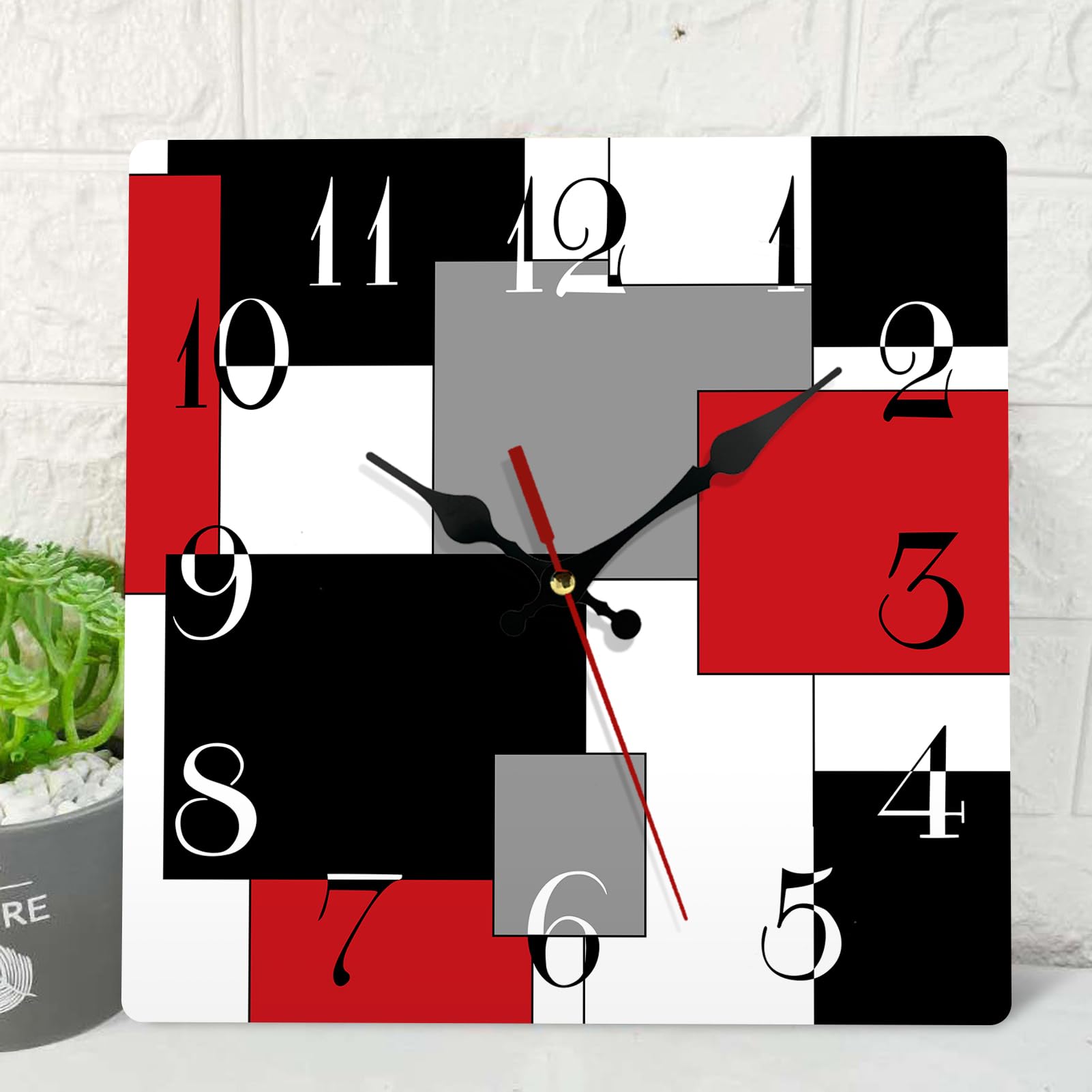 ArtSocket Wooden Wall Clock, 12 Inch, Silent, Non-Ticking, Grey Red Black Abstract Geometric Minimalist Checkered Square Rustic Wall Clock, Battery Operated