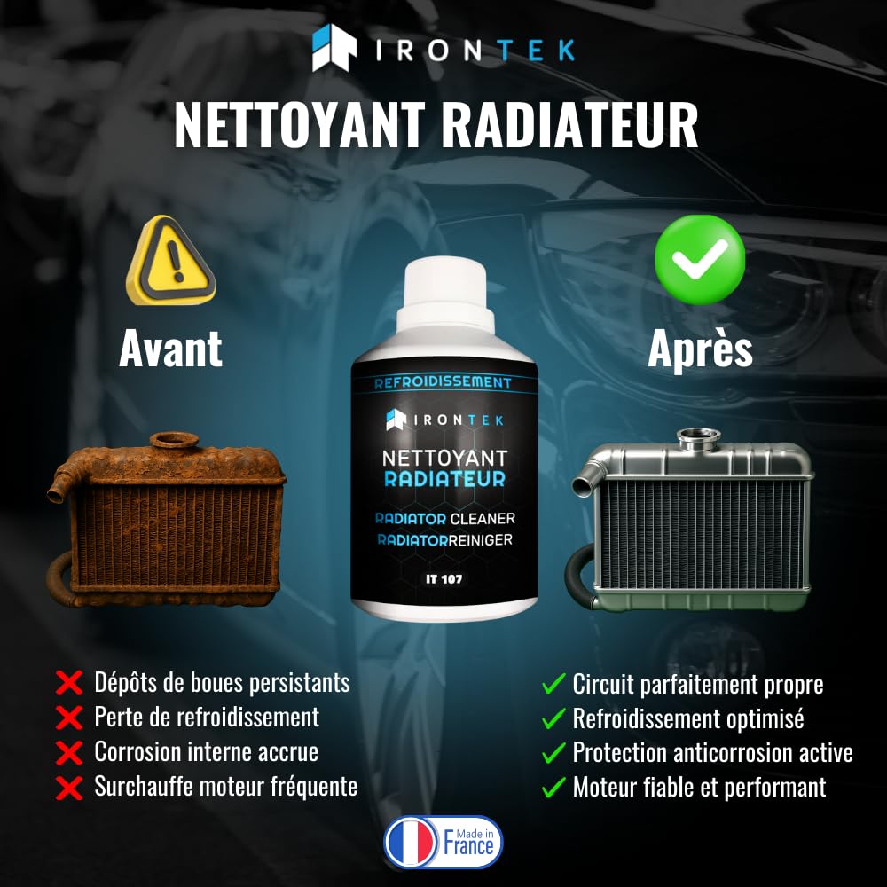 Nettoyant Radiateur et Circuit Refroidissement 300ml - IRONTEK | IT107 | sans démontage | Détartre Désemboue | Protège Contre Rouille | Action Immédiate | Auto & Moto