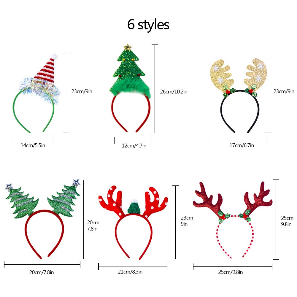 Feelava Christmas Headbands,Xmas Party Headbands 6 Styles Reindeer Antler Costume Fun Xmas Tree Santa Hat Headwear for Kids Adult,Christmas Holiday Party Supplies Favors - Image 2