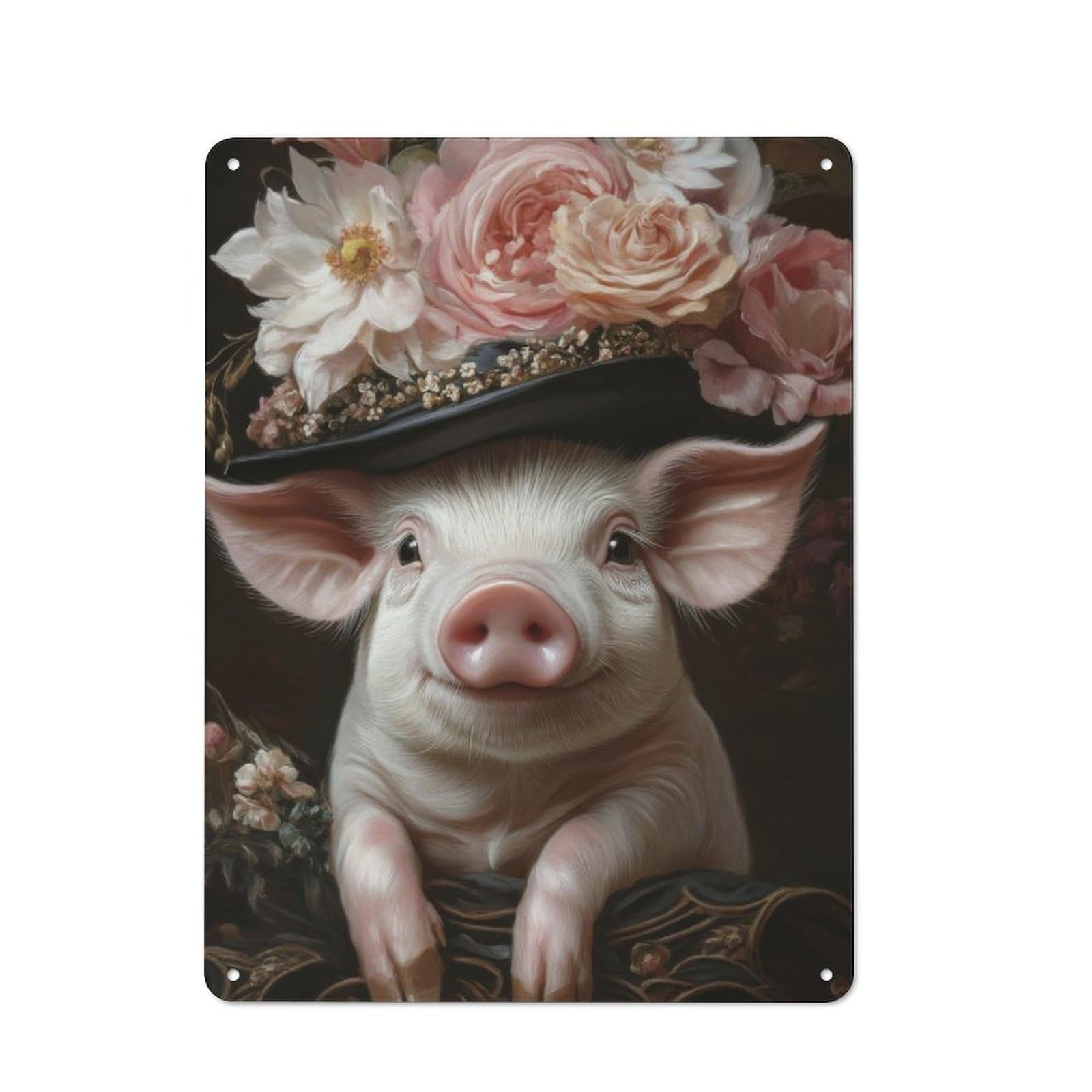 Junmoney Pig In A Flower Hat Vintage Metal Wall Sign 40X30cm For Garage Or Workshop, For Metal Sign Collectors, For Garage And Workshop Walls