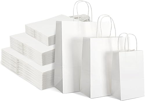 Miniatura 1 de TOMNK 120 bolsas de papel blanco con asas, bolsas de regalo de papel kraft a granel de tamaño mixto para negocios, compras, venta al por menor,