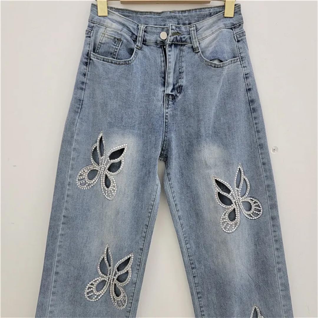 Women's Jeans High Waist Straight Butterfly Shape Hollow Out Rhinestone Denim Trousers