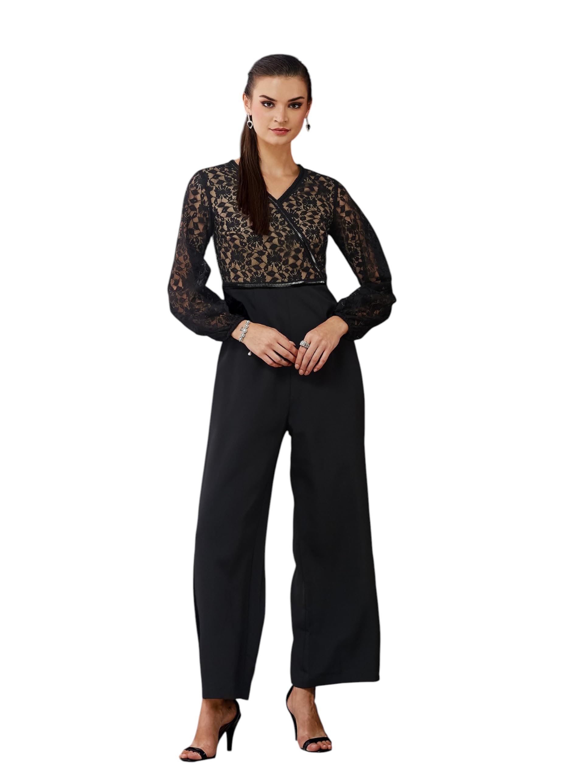 miss chase Women's Self-Design Crepe V-Neck Jumpsuit with Balloon Sleeves and Lace Detailing-picture-20