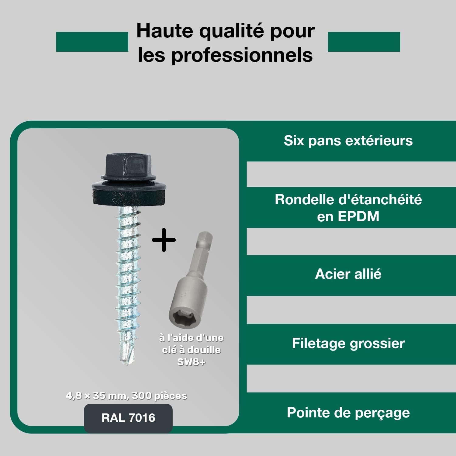 Lot de 300 vis auto-perceuses en tôle, couleur de la tête trapézoïdale : Gris anthracite (RAL7016), 4,8 x 35 mm, homologuées par l’UE, avec Clé à douille SW8