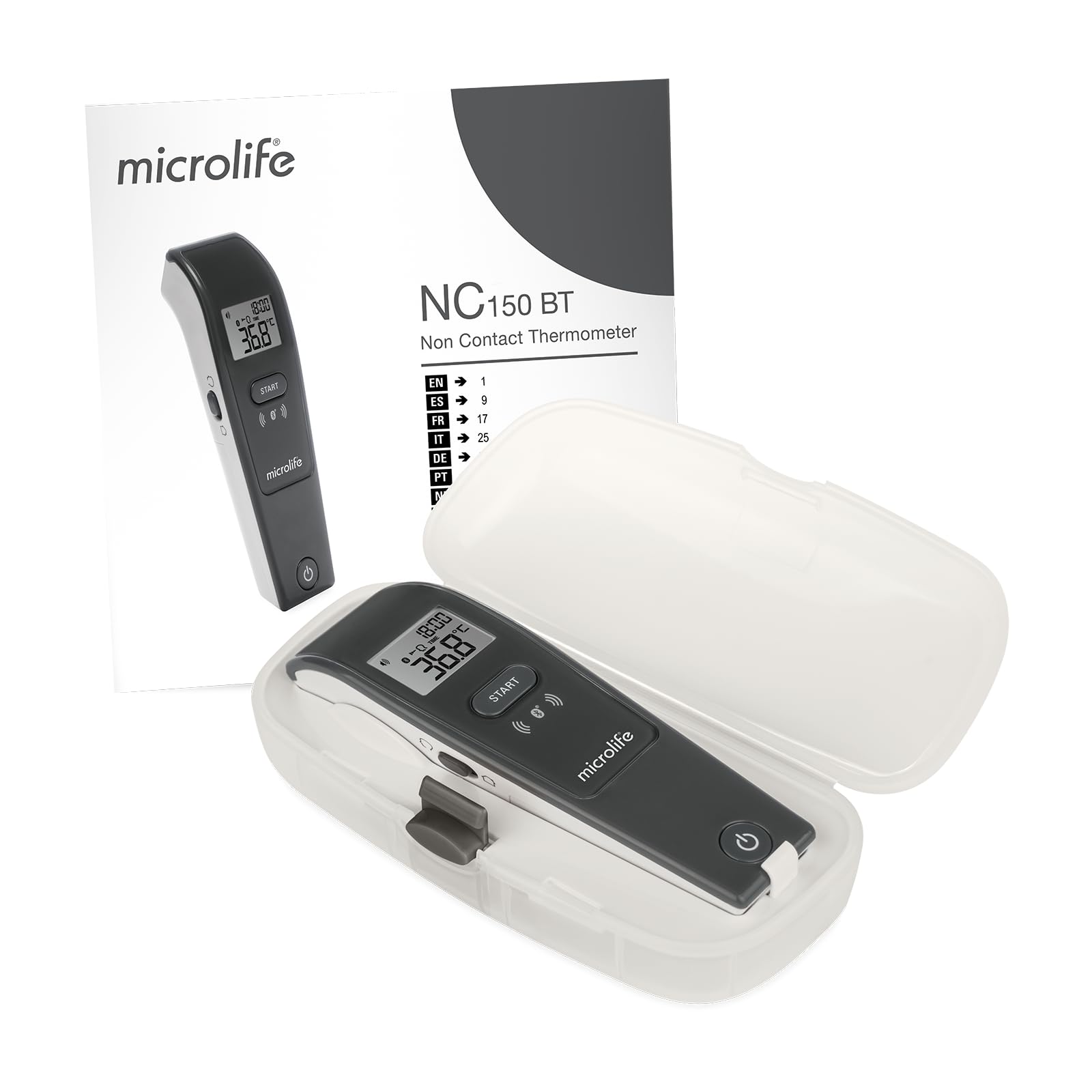Microlife - Termómetro frontal sin contacto NC 150 BT - Conectado Bluetooth, Validado Clínicamente, Alarma de fiebre, Guía luminosa, 3 modos Cuerpo/Objeto/Ambiente