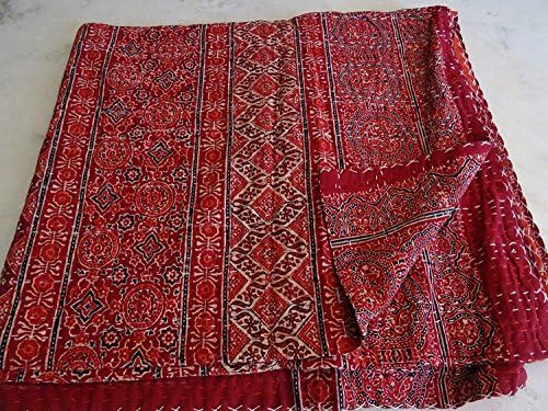 Janki Creation Ajarak Queen Size Ikat Kantha Quilt, Reversible Bedcover Bedding Indian Throw, Kantha Quilt, Bohemian Kantha Bedspread, Indian Kantha Decor 002
