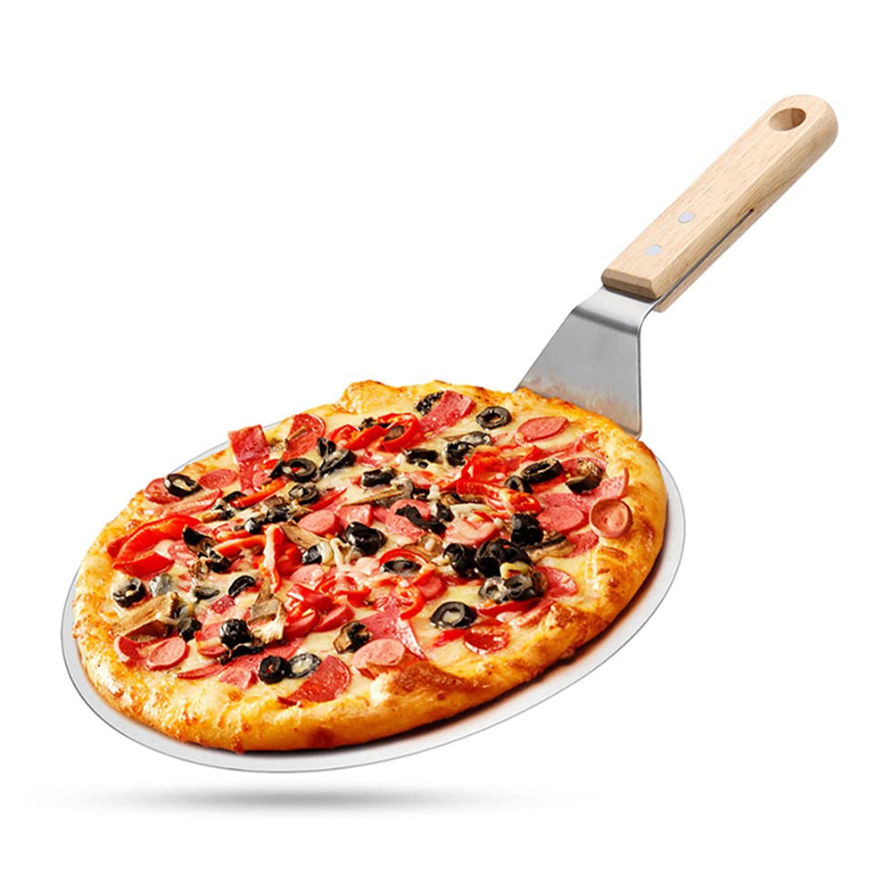 Pala per Pizza e Pane, Pala per Pizza in Acciaio Inossidabile con Manico, in 403 Acciaio Inossidabile, con Manico in Legno, per Pizza, Torte, Biscotti, Forno e Griglia, 25.5 cm / 10 pollici (Argento)