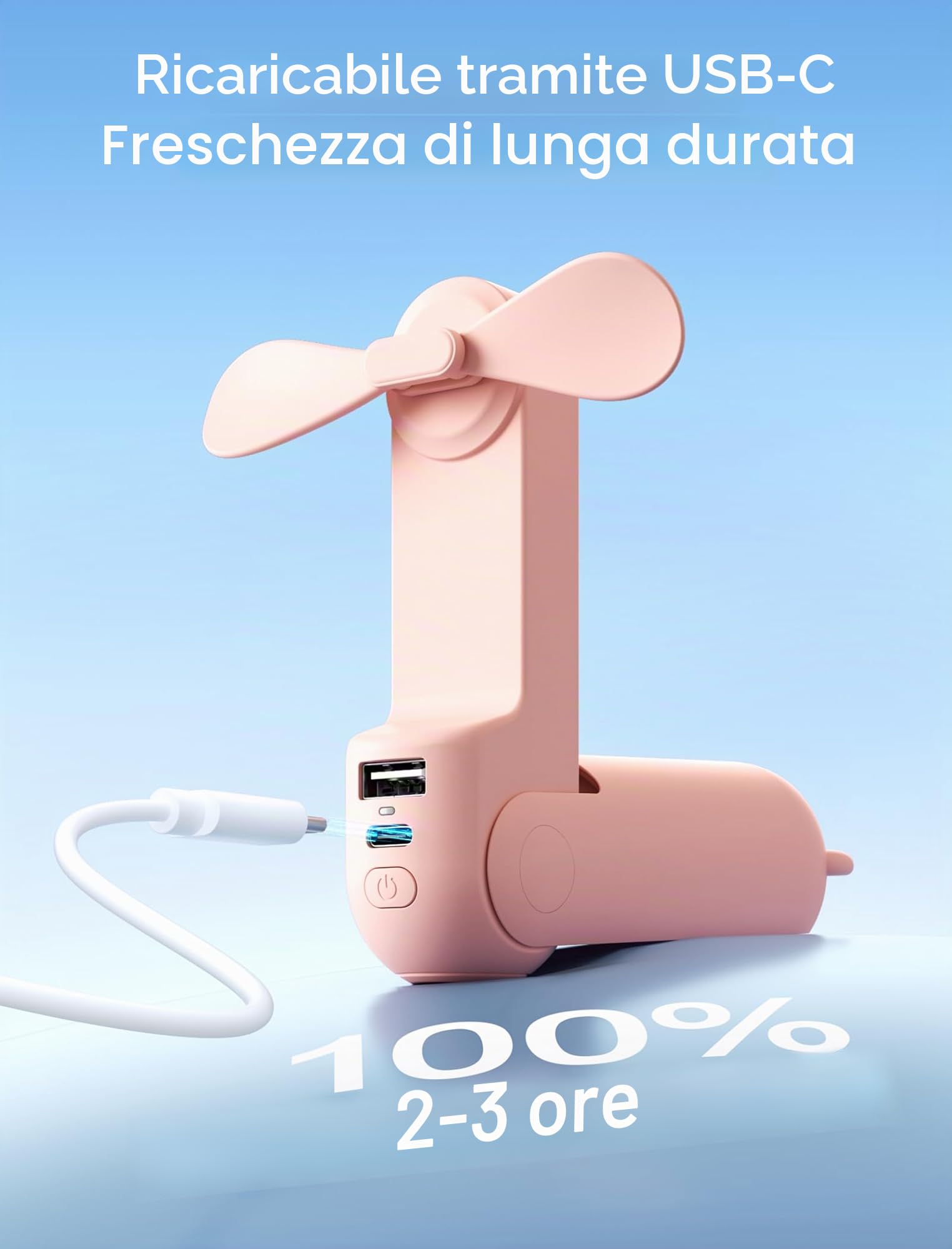 JISULIFE Mini ventilatore portatile 3 in 1, ricaricabile, ventilatore a batteria [14-21 ore di lavoro] con batteria esterna, funzione torcia rosa