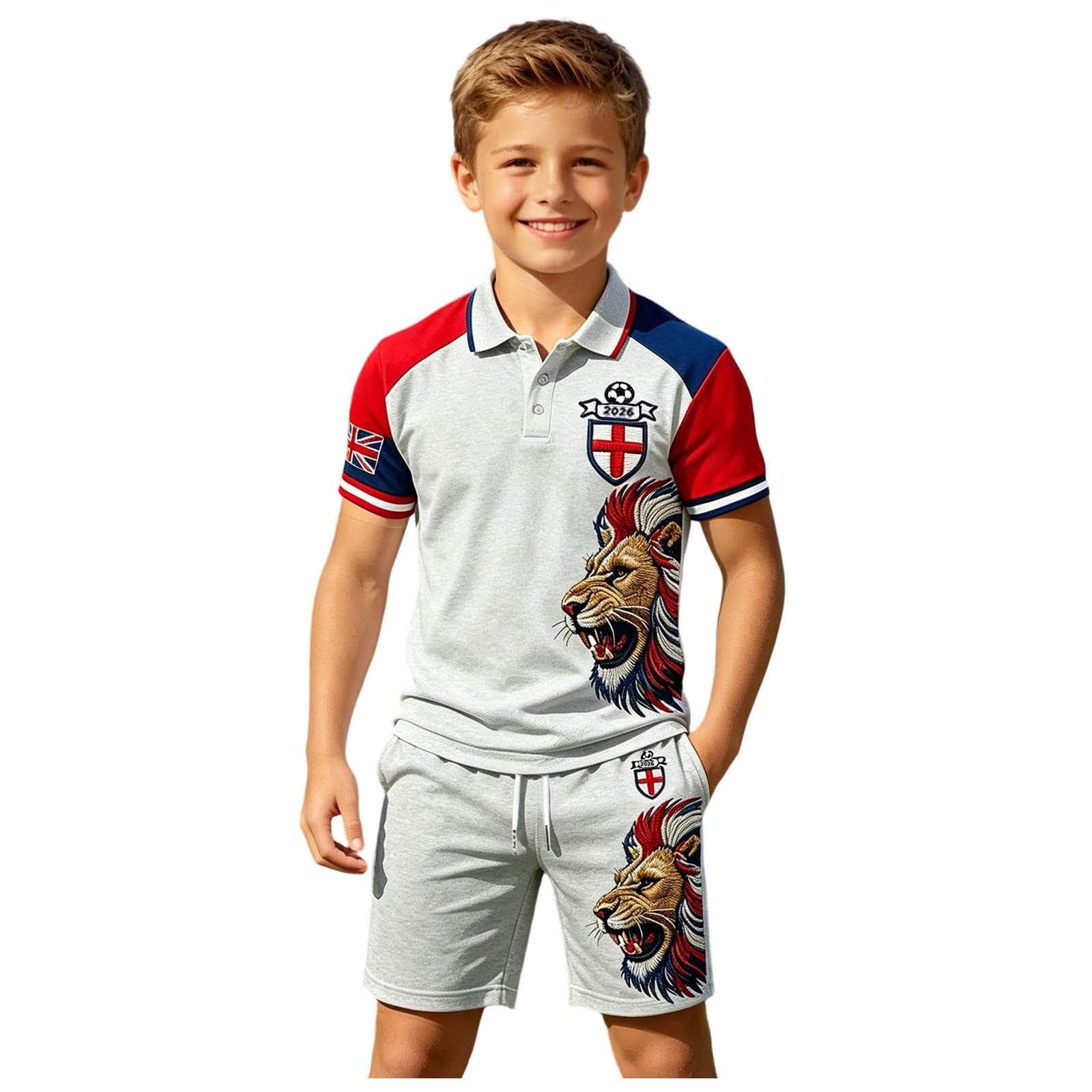 Kids England Football Shirt 2026 Boys Short Sleeve Collared Breathable Lightweight Polo Shirts Football Kit England Flag Print Athletic Shorts and T-Shirt Set Training Jersey (Grey-b, 3-4 Years)