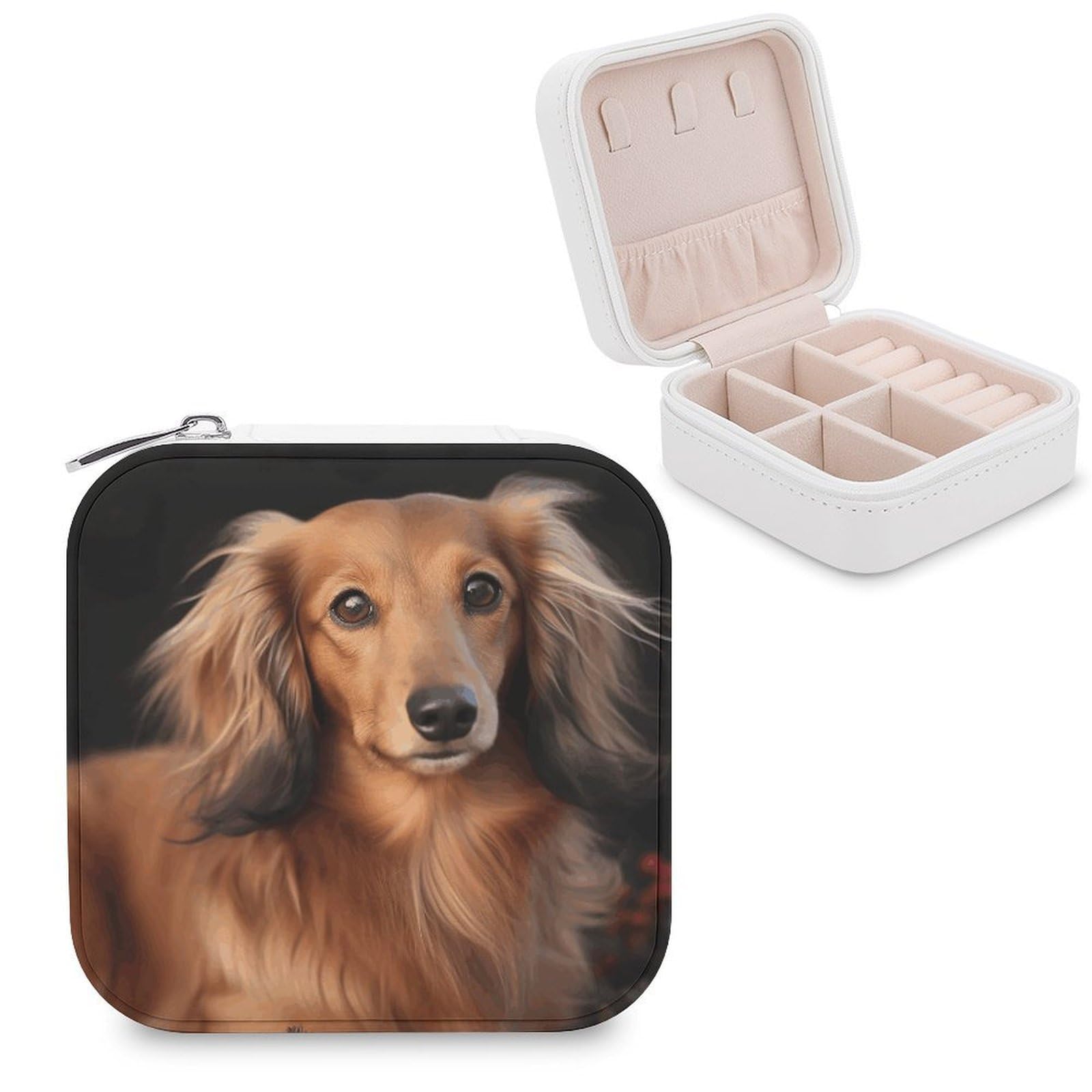 LZQPOEAS Long Haired Dachshund Jewelry Box, PU Patterned Storage Case, Portable Travel Jewelry Organizer Box for Storing Rings, Pendants, Earrings, Necklaces, And Women's Specialized