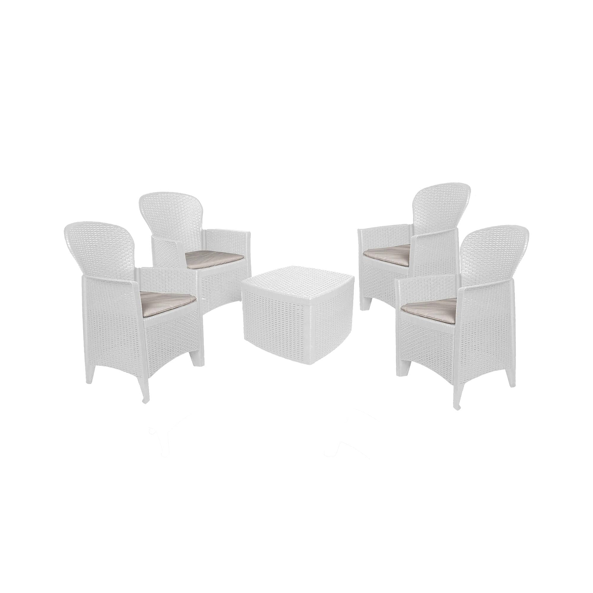 Dmora - Set Salotto da Esterno Anagni, Salottino Outdoor o Indoor, 4 poltrone con braccioli con Un tavolino Contenitore, Made in Italy, Bianco