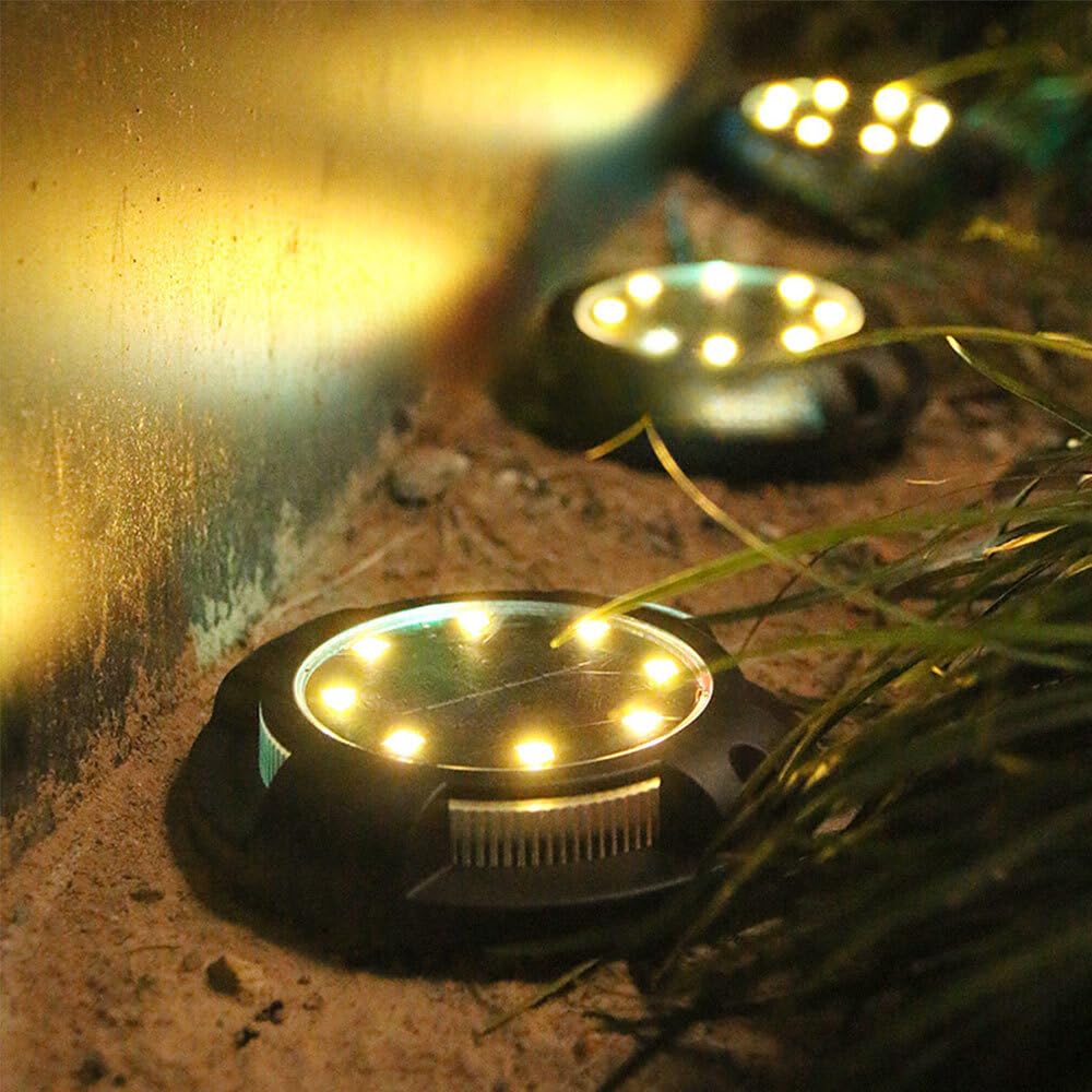 EBILUN 4/8 Pack Solar Ground Lights, Waterproof IP65 12LEDs Floor Disk Lights,Floor Decking Patio Outdoor Garden Lawn Path Lamp (Warm White,8)