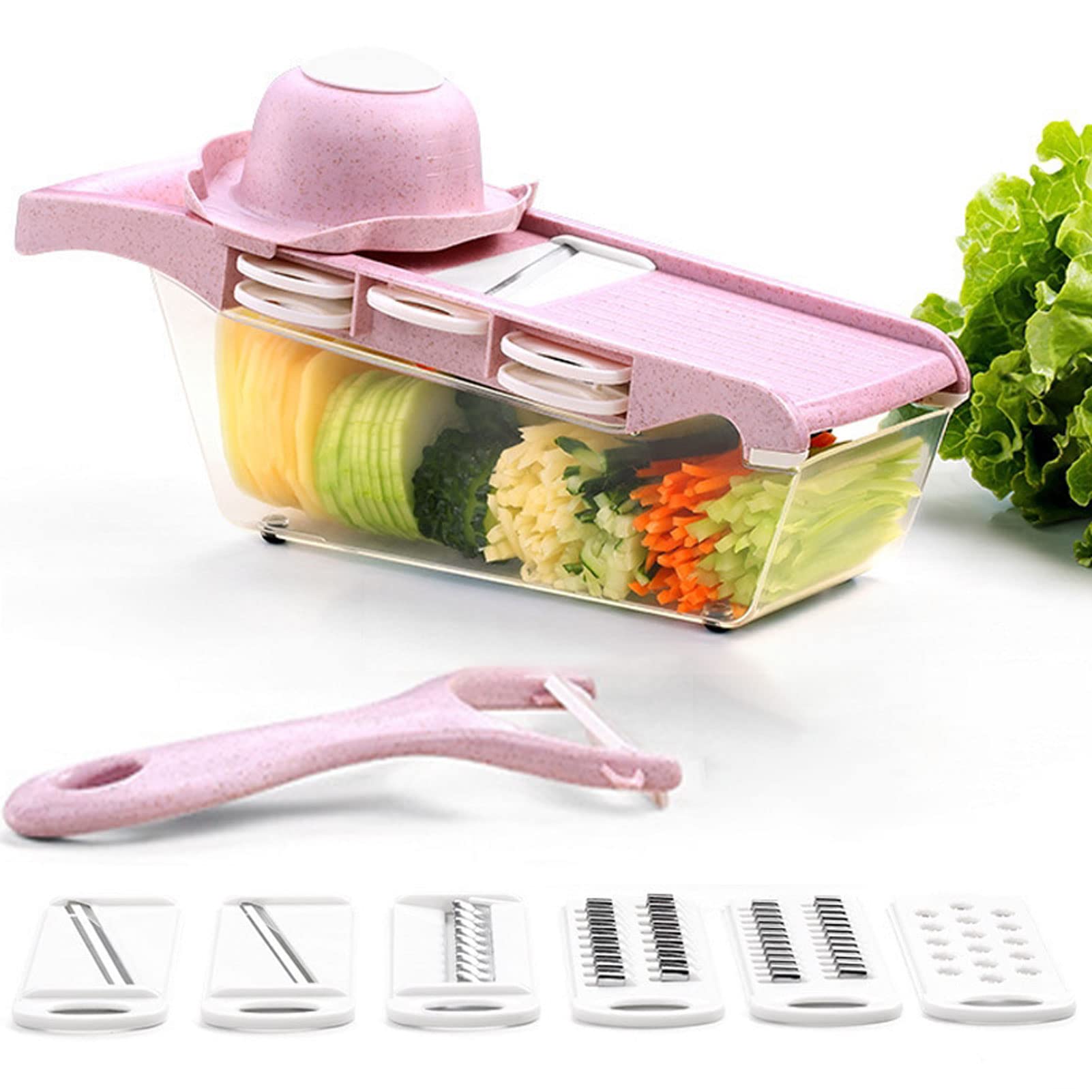 gaoxiao Multifunctional Food Chopper, Mandoline Slicer for Kitchen 6-In-1 Onion Chopper Slicer Vegetable and Fruit Cutter Grater Easy to Clean with Non Slip Container(Color:pink)
