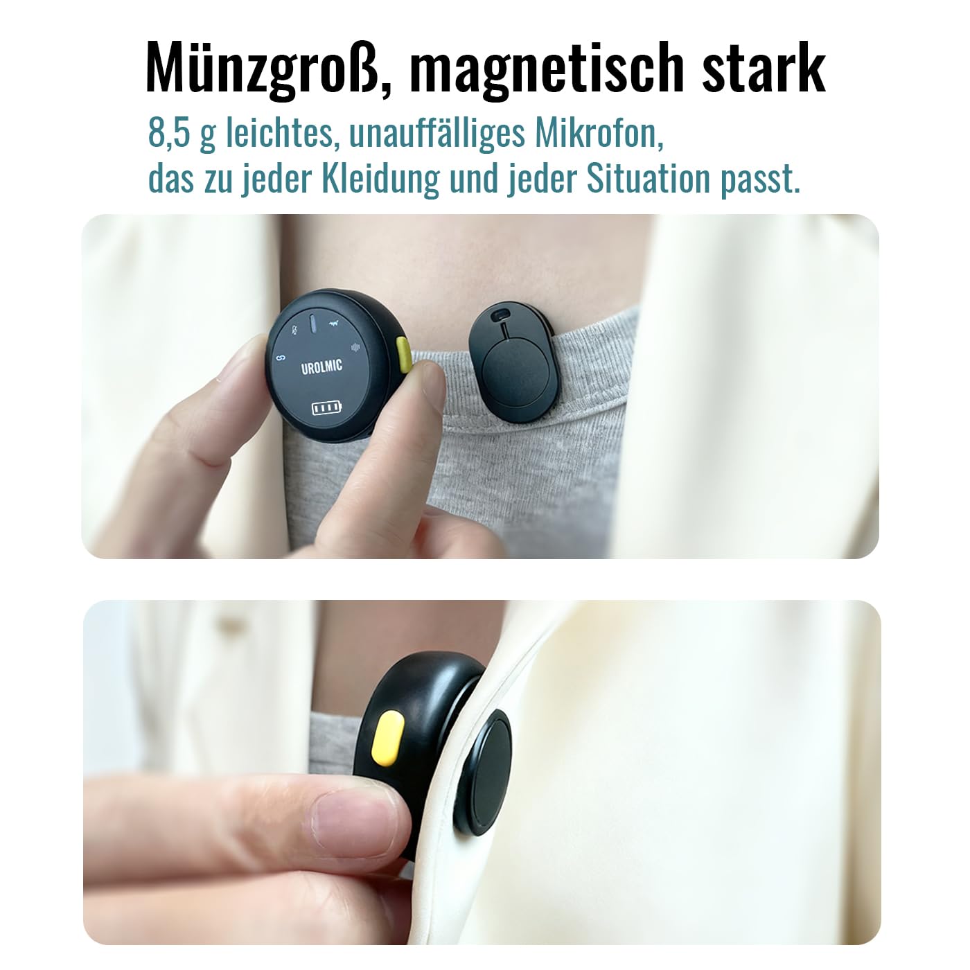2-in-1 Lavalier-Mikrofon, 40 Std Akku, Profi-NR, Magnetbefestigung, 55m Reichweite, für IOS & Android, Recording, Streaming