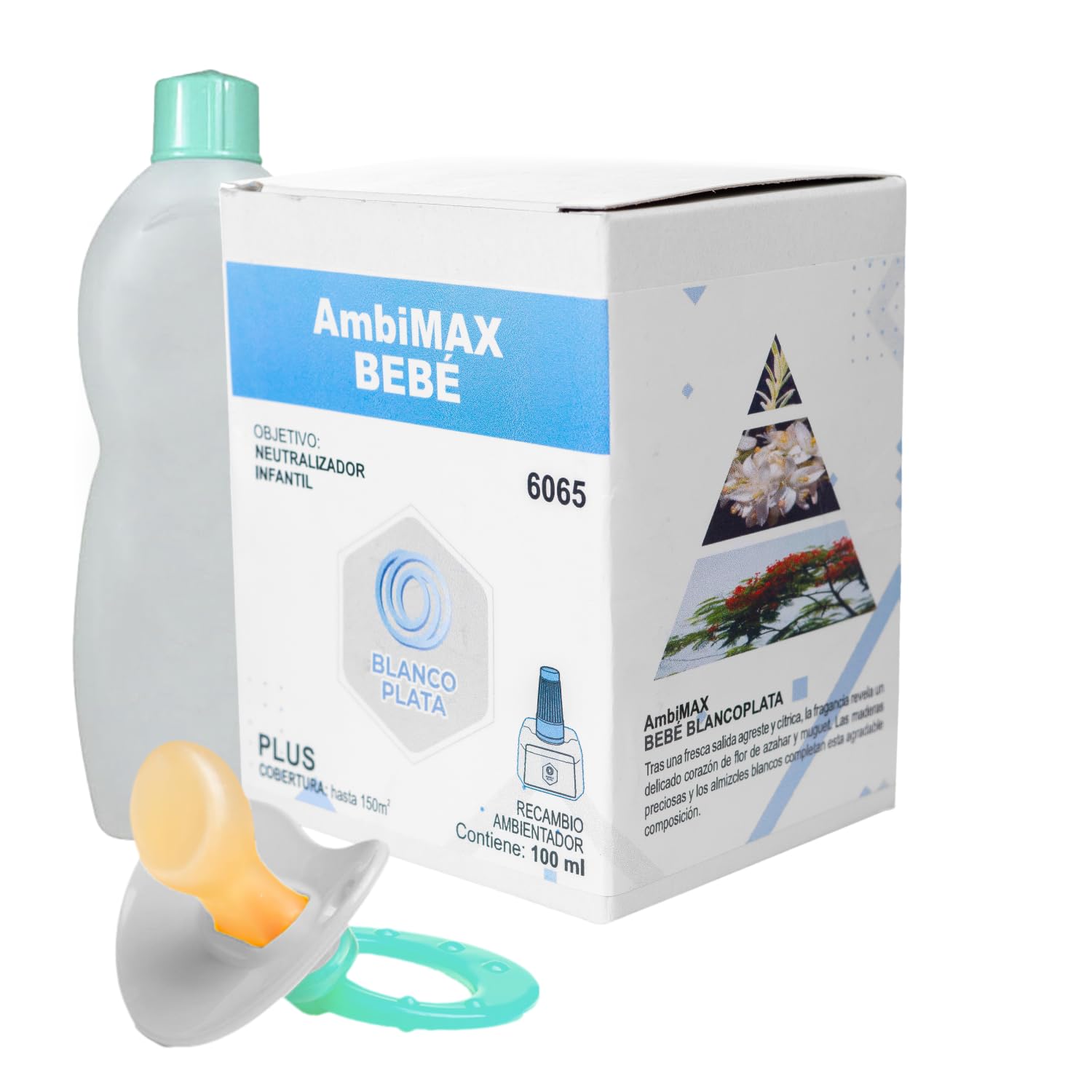 Recambio Ambimax Ambientador fragancia Bebe Plus 100ml 30 días de duración, 150m2 de cobertura, infantil y neutralizador de malos olores, para guarderías y parques infantiles (NO INCLUYE APARATO)