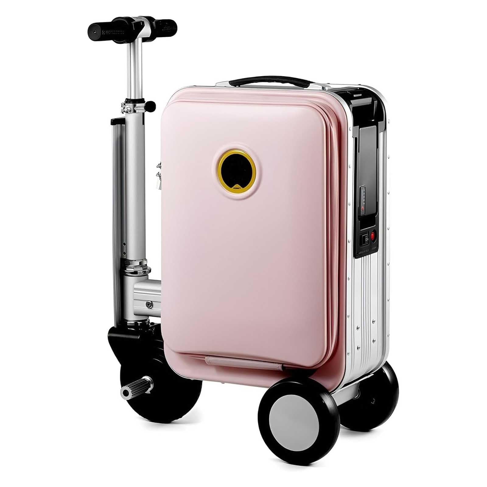 Maleta eléctrica para montar, 20 L, puerto de carga USB, batería extraíble, rango de 8 a 9 millas, bloqueo TSA para viajes y desplazamientos, Pink