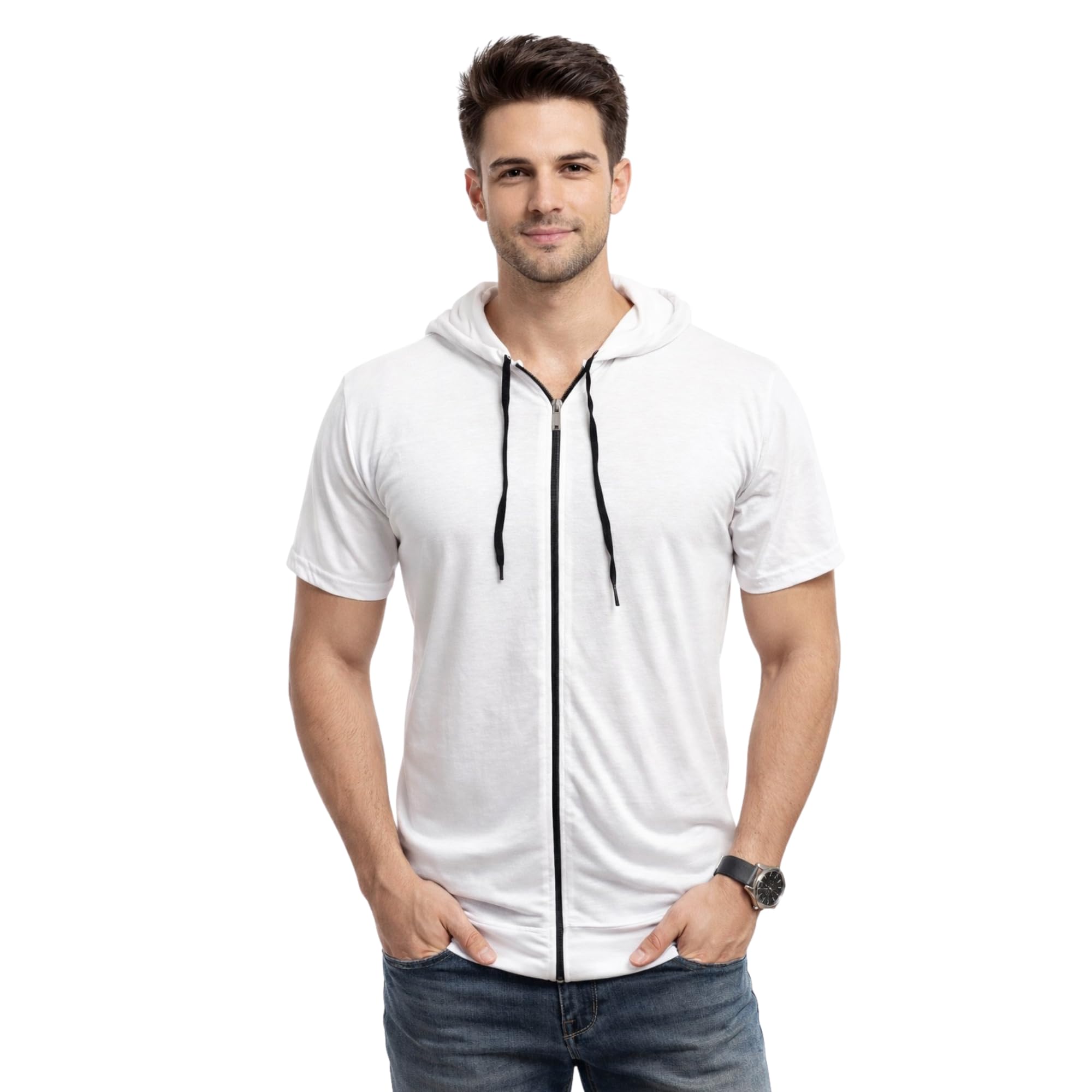 Men's Short Sleeve Hoodie T-Shirt with Button Placket | Casual Summer Hooded Tee-picture-19