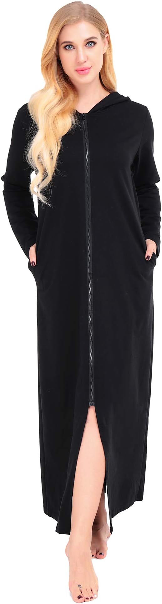 Dromild Zip Front Robe for Women Long Sleeve Cotton Full Length Nightgowns Hooded Sweatshirt S-XXL