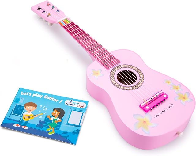 New Classic Toys - 10348 - instrument muzyczny - zabawka gitara drewniana - różowa z kwiatami