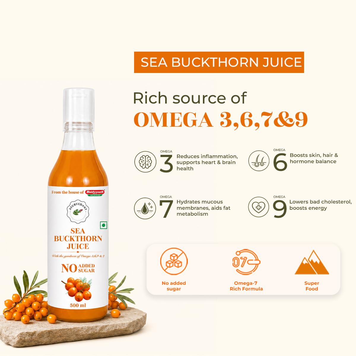 Baidyanath Ayurvedant Himalayan Sea Buckthorn Juice | 99.8% Pulp | Cold-Pressed | 500 ml | Natural Source of Vitamin C, Omega 3, 6, 7 & 9 | Supports Immunity, Skin & Gut Health 3