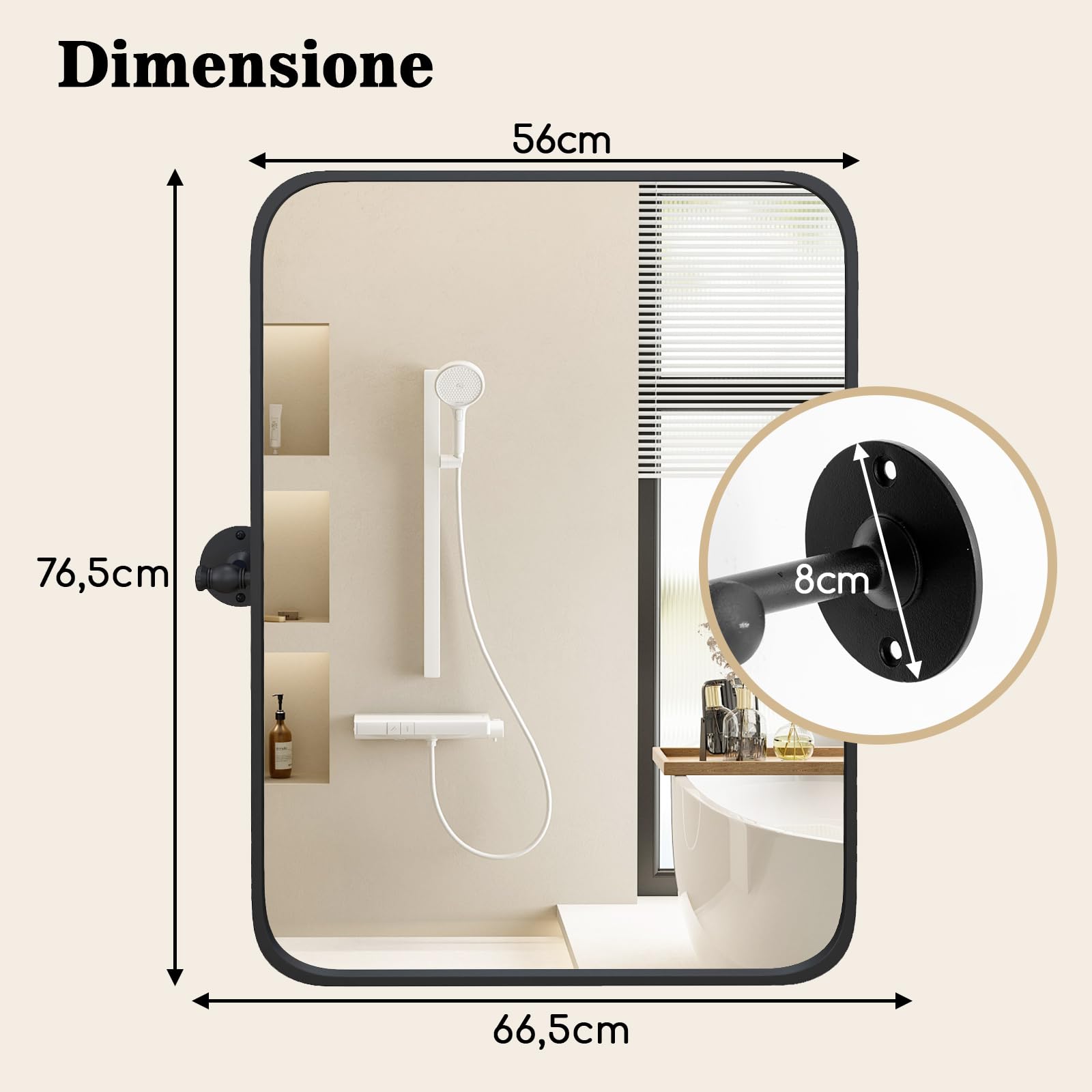 GYMAX Specchio da Bagno con Cornice in Metallo Nero, Specchio Rettangolare da Parete con Angoli Arrotondati e Staffe per Inclinazione, Specchio Decorativo Moderno, Verticale/Orizzontale