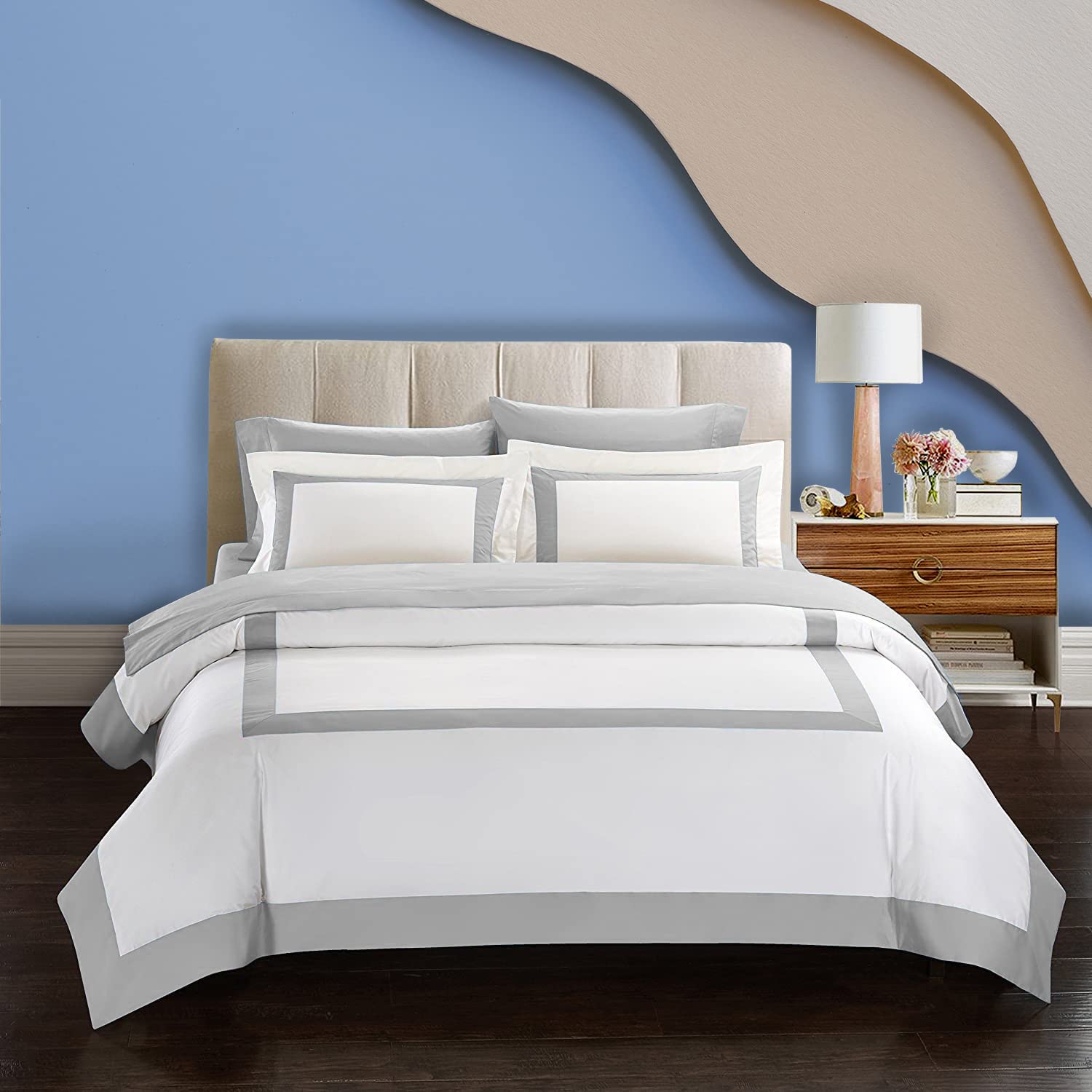 BedDecor 3 Piece Multi Box Duvet Cover Set/Blanket Cover Set 600Thread Count 100% Egyptian Cotton Decorative Bedding Twin, SilverSolid