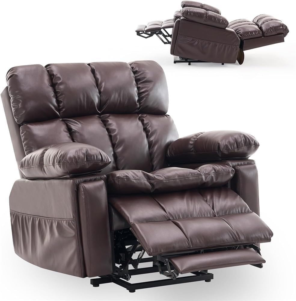 Dual Motor Oversized Lift Recliner Sofa for Elderly with Heated Massage Lay Flat Adjustable Headrest Infinite Position Electric Sleeper Faux Leather USB Type C Port Cup Holders Storage Boxes Brown