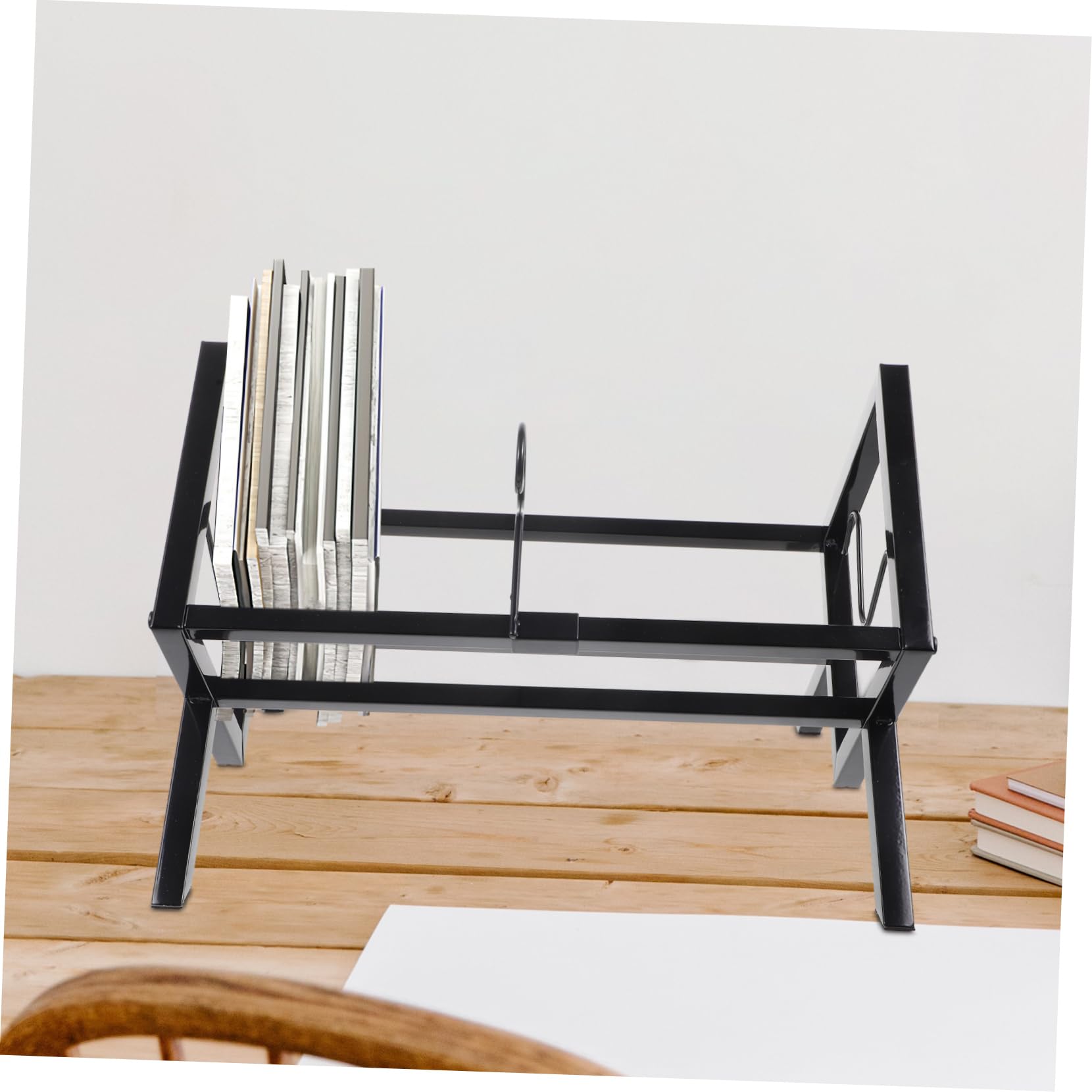 Porta Vinile da Scrivania in Metallo Nero, Organizer Capiente | Espositore per Album e Cd, Uso Desktop e Casa, Struttura Ordinata per Libri e Forniture Ufficio