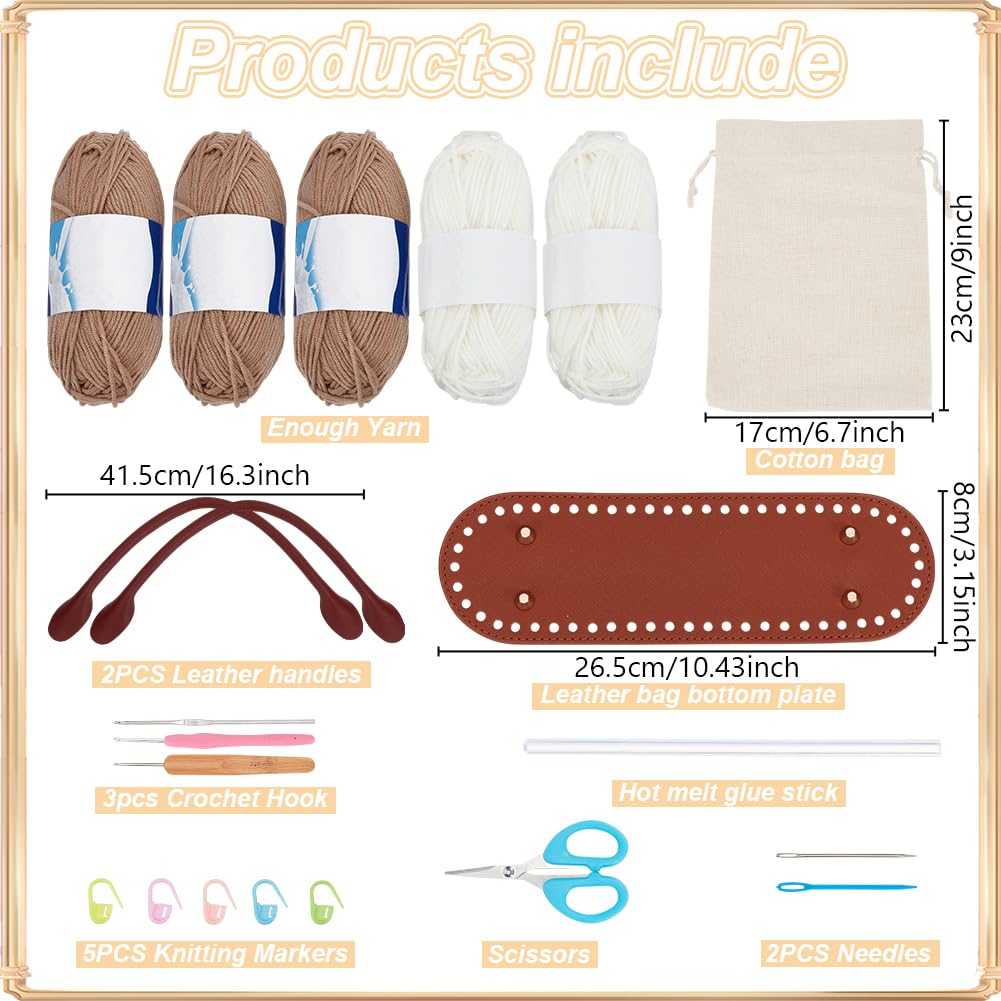 ORIGACH DIY Crochet Handbag Kit for Beginners Khaki Striped Crochet Bag with PU Leather Handheld and Base - Image 2
