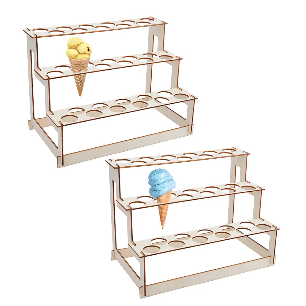 SUPERFINDINGS Set di Supporti per Coni Gelato con 2 buchi Porta Coni In Legno A 66 livelli Porta Coni per Dolci e Caramelle per Feste di Compleanno e Matrimoni