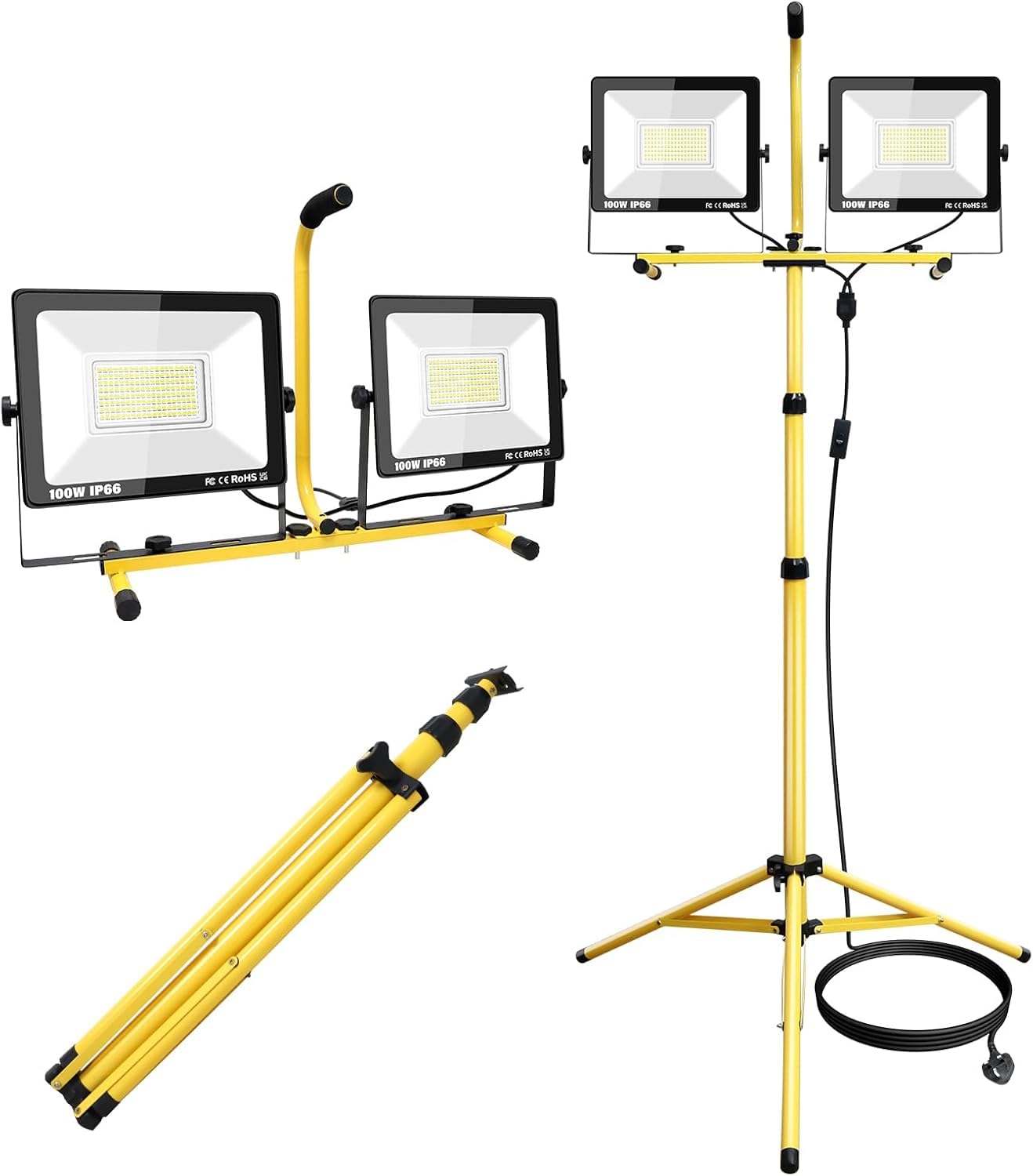 YOJZMA 200W Tripod LED Construction Spotlight 20000lm Portable LED Work Light and 5m Cable 6000 K Flood Light for workshops garages Gardens Construction Site Lighting [Energy Class E]