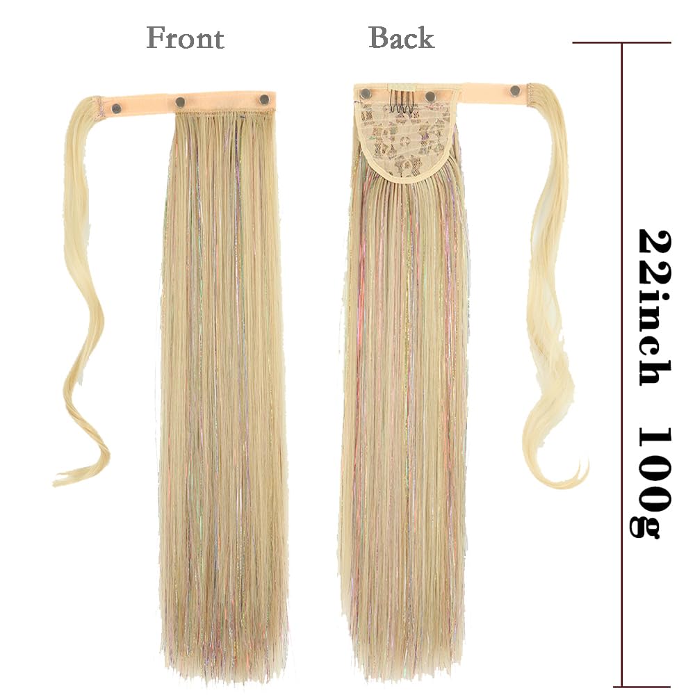 Ponytail Extensions Long Straight Ponytail Hair Extension for braiding Glitter Tinsel Pony Tail Hair pieces Hair extension for Women Girls (22/613 Ash Blonde Mix dark blonde) - Image 2