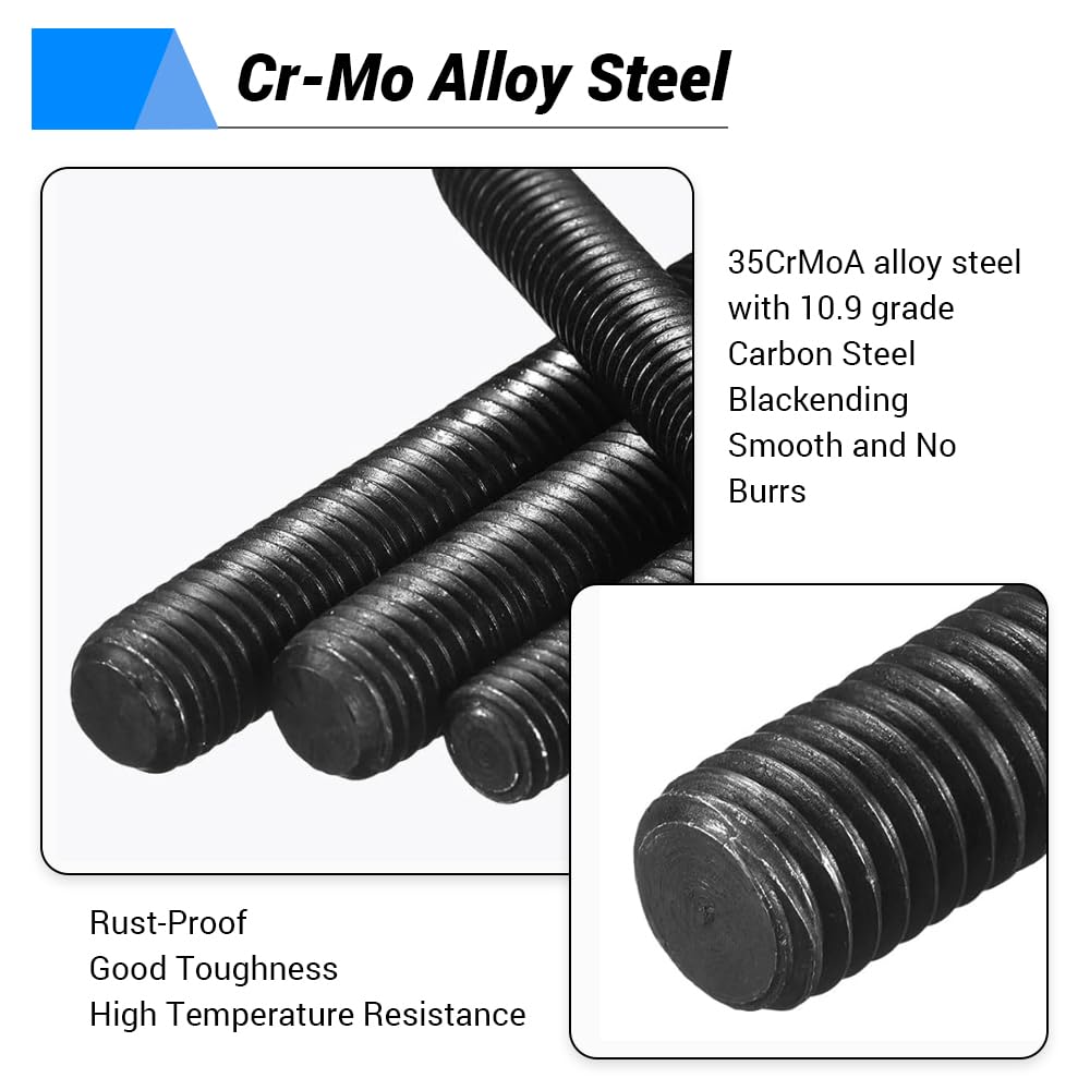 Lot de 5 tiges filetées M12 x 100 mm, en acier au carbone de grade 10.9, finition oxyde noir, longues tiges filetées pour fixations de maintenance industrielle de meubles