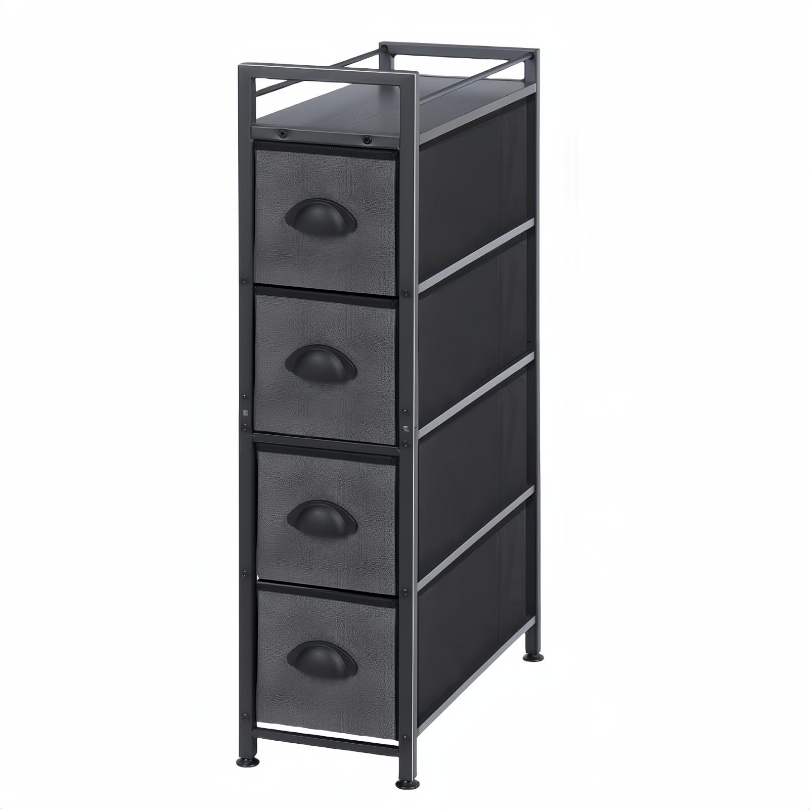 LIANTRAL Cómoda Vertical Delgada con 4 cajones de Tela, cómoda de Tela, Torre de Almacenamiento, Gran Capacidad, cómoda para Dormitorio, salón, baño, Espacio Estrecho, Negro y Gris Oscuro
