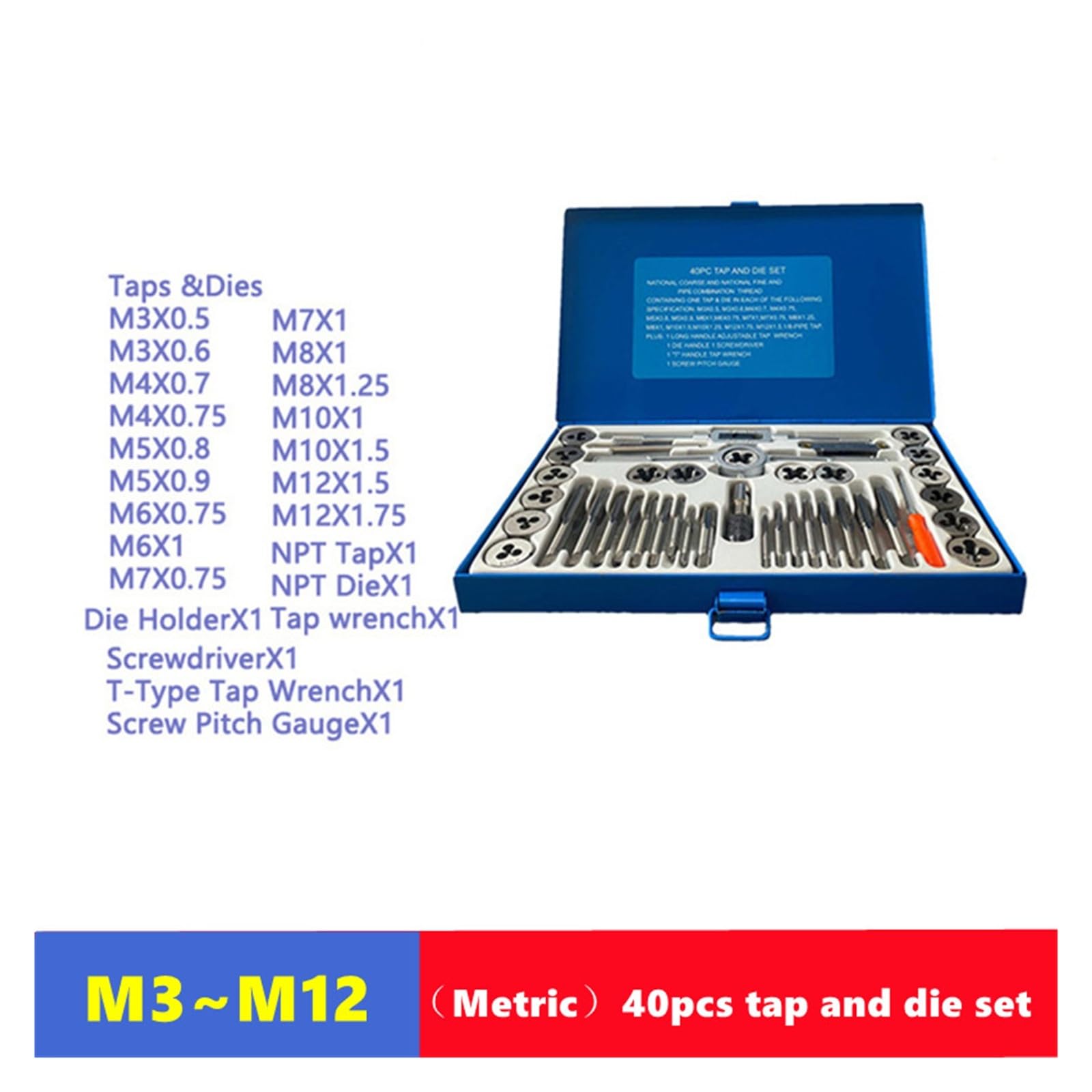 Juego de 40 machos y terrajas métricos e imperiales, utilizados para la combinación Manual de Herramientas de reparación y roscado de roscas internas y externas (40 Piezas-imperiales)