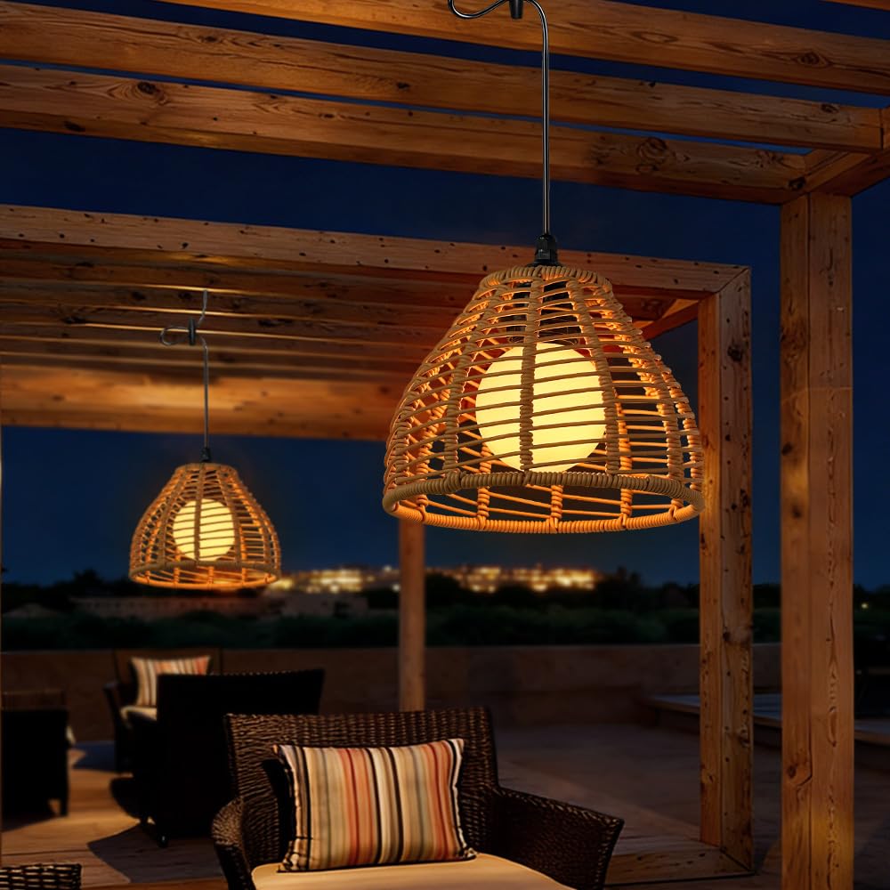 Lanterne Solaire Exterieur Jardin 2 Pièce Suspension Rotin Balcon Terrasse Camping Décoration