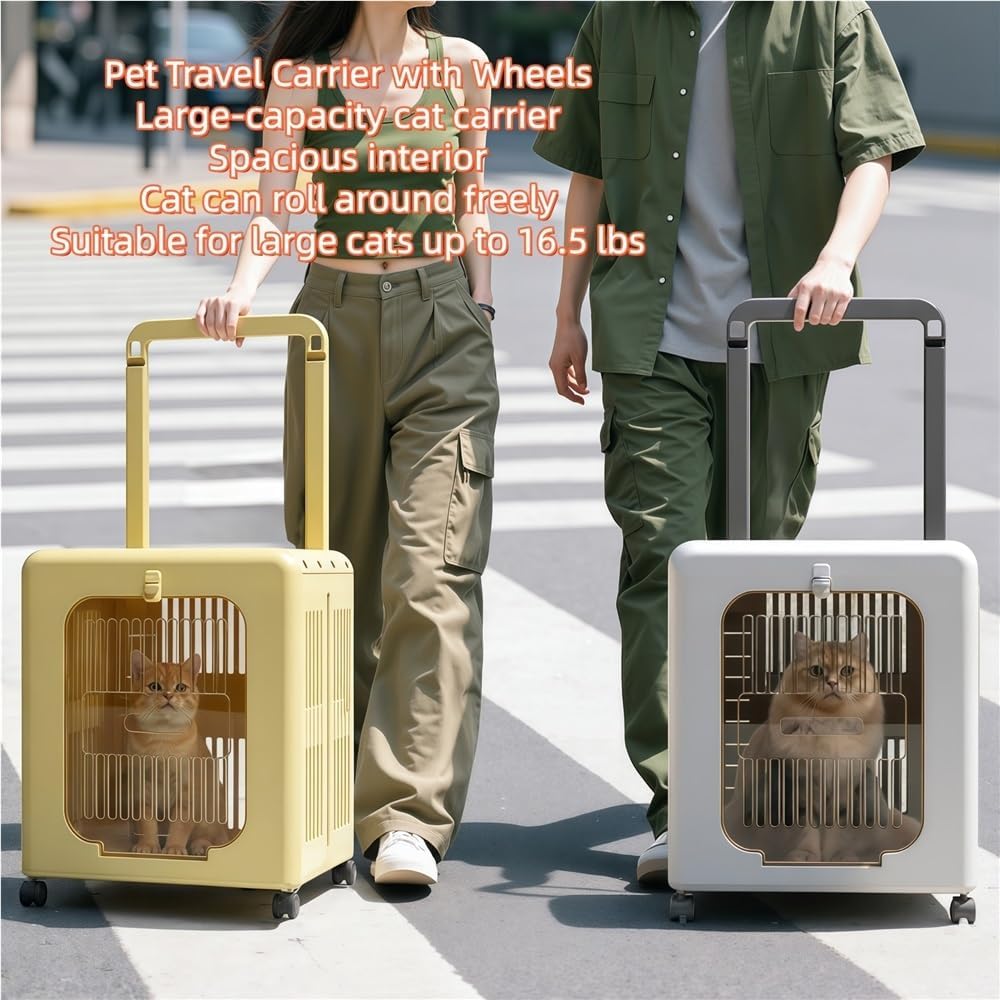 Rolling Pet Trolley Carrier, Foldable Cat Carrier with Wheels, PP Hard Pet Travel Bag, Ventilated Travel Case for Cats Under 22 Lbs(Blue)