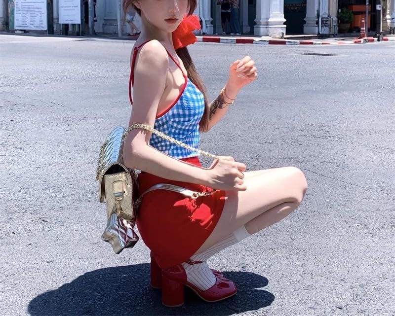 Kidcore Plaid Swimsuit One Piece Teen Girls Contrast Color Y2k Lace Up Back Bathing Suit V Neck Slimming Swimwear4